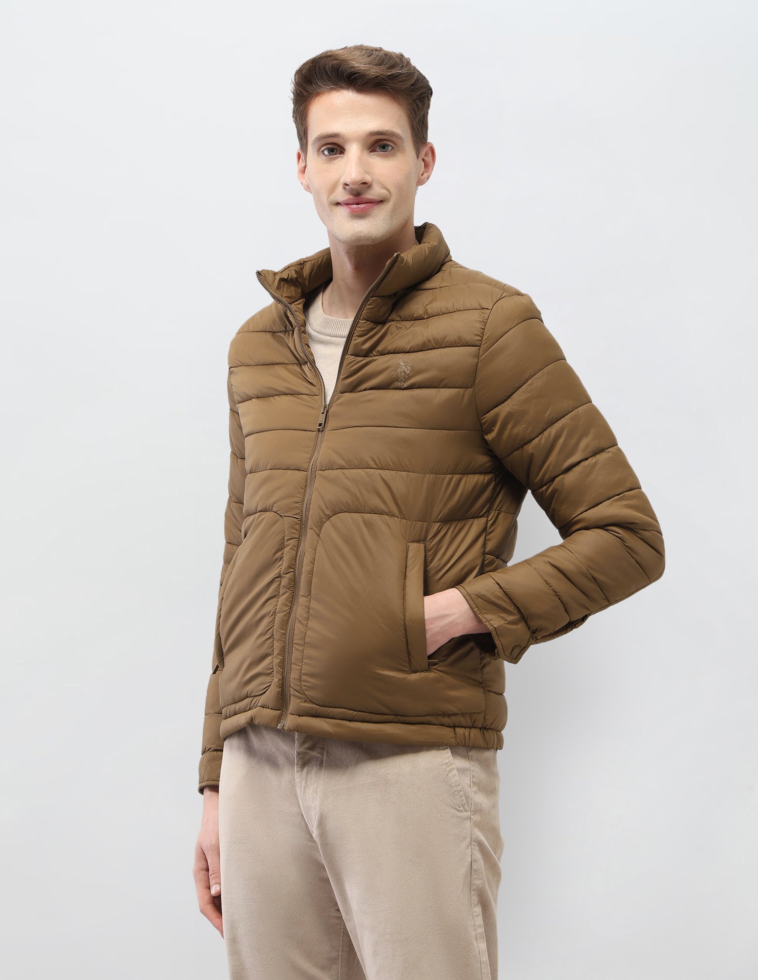 Solid Regular Fit Puffer Jacket Brown - U.S. Polo Assn. India | Large