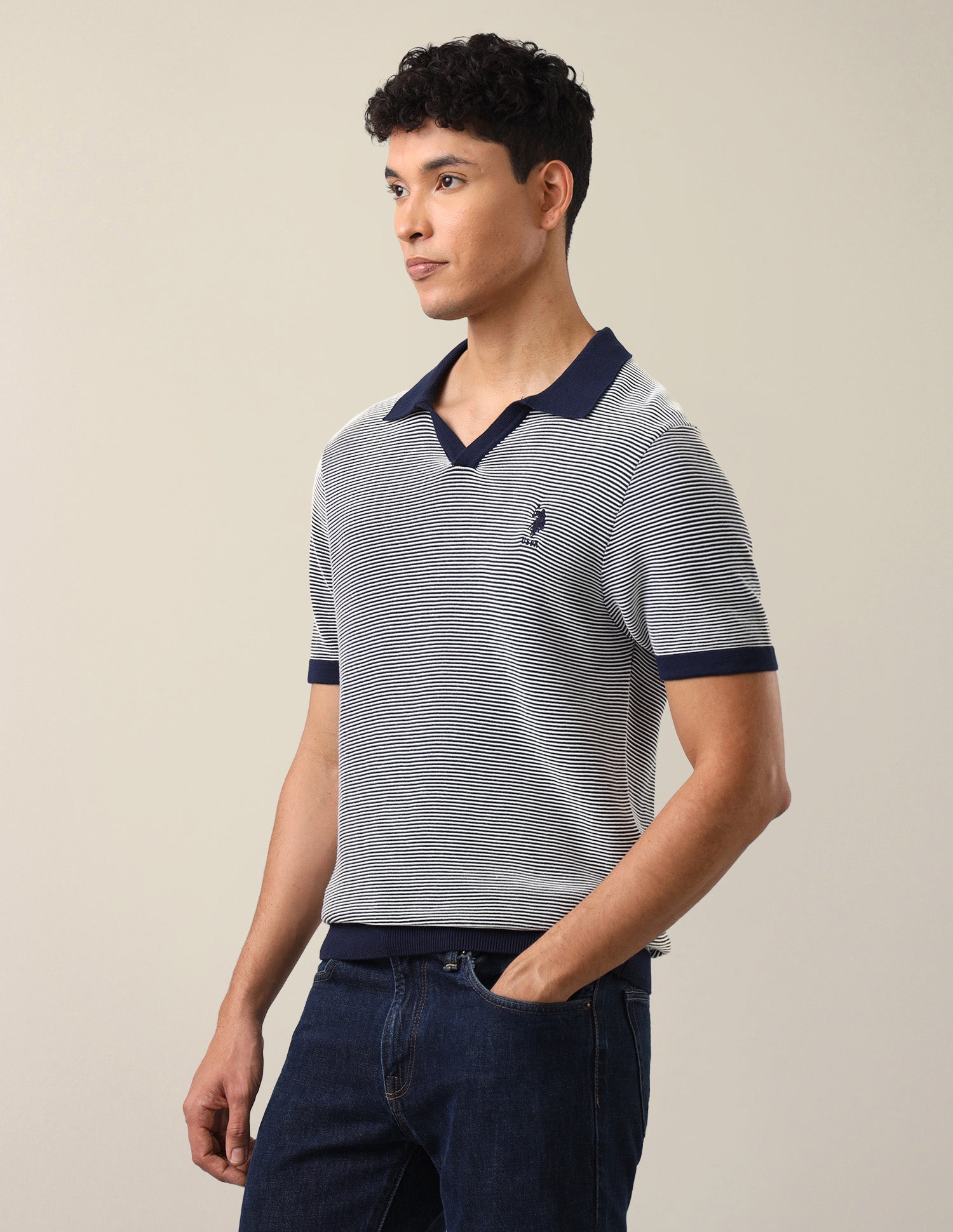 Horizontal Striped Patterned Knit Slim Fit Polo Shirt Navy - U.S. Polo Assn. India | Large
