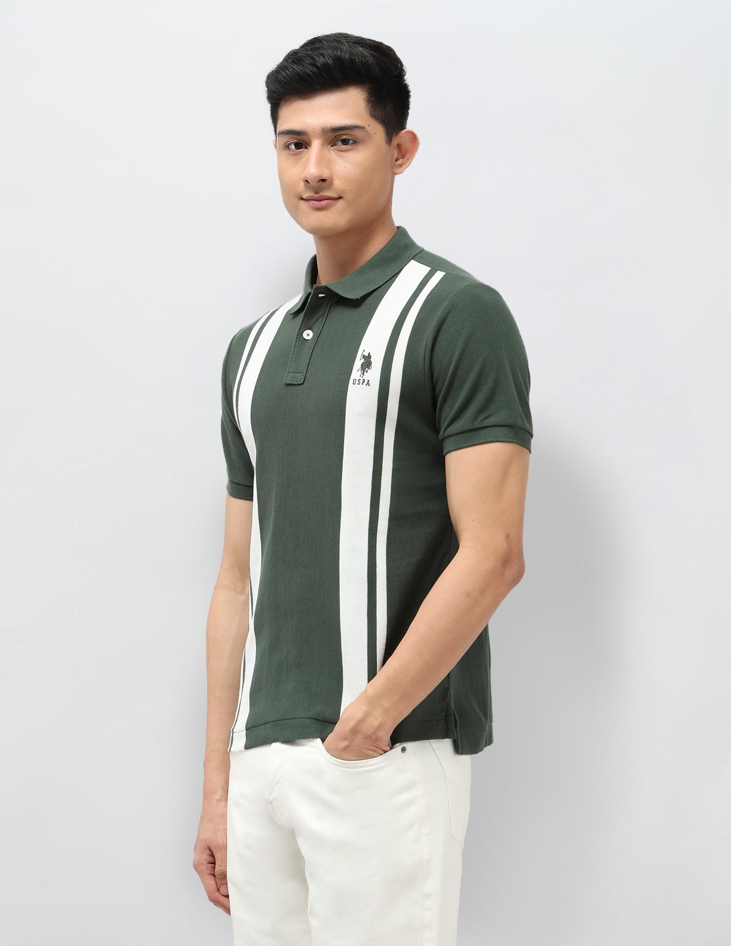 Vertical Striped Pure Cotton Polo Shirt Olive - U.S. Polo Assn. India | Large