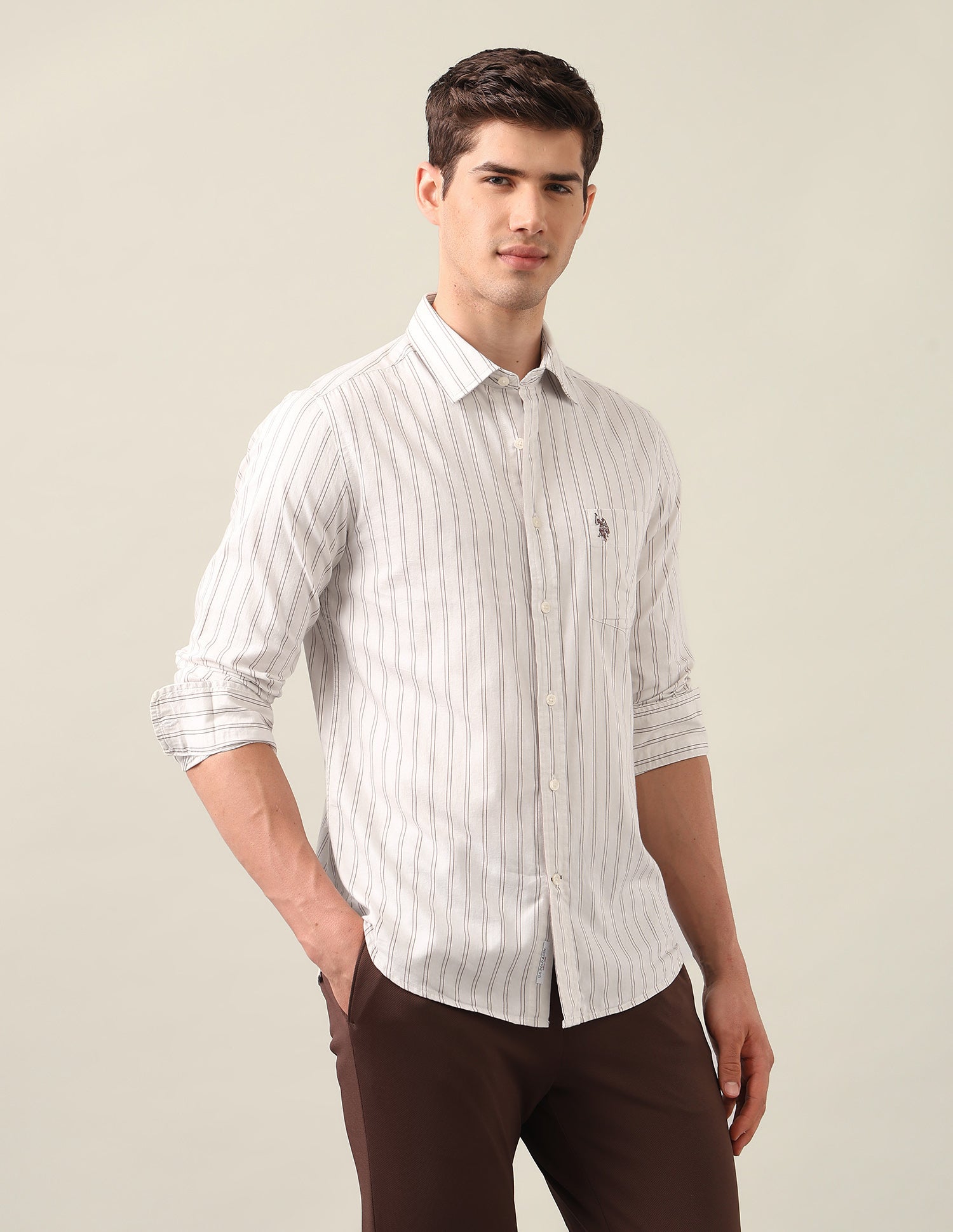 Vertical Striped Twill Shirt Ivory - U.S. Polo Assn. India | Large