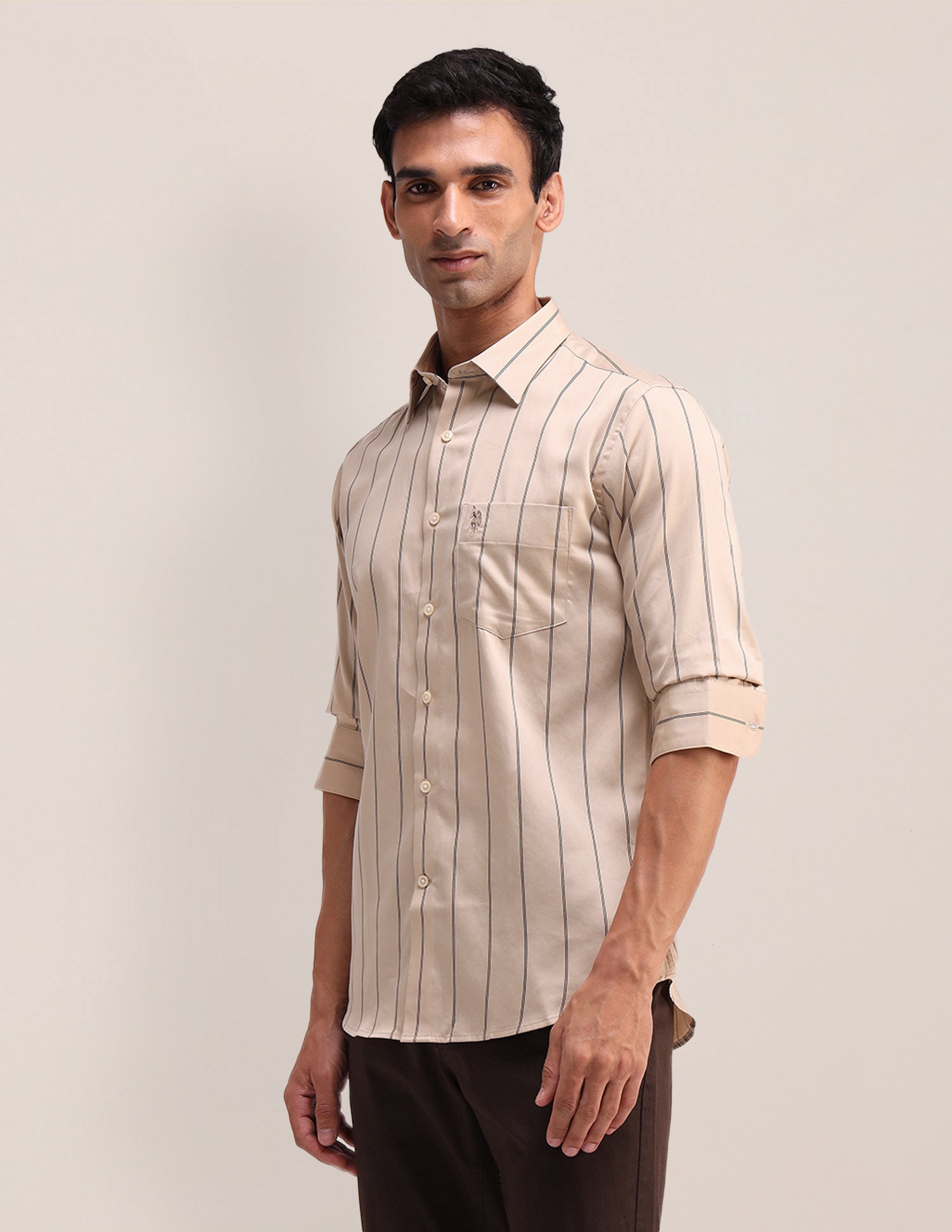 Vertical Striped Satin Shirt Khaki - U.S. Polo Assn. India | Large