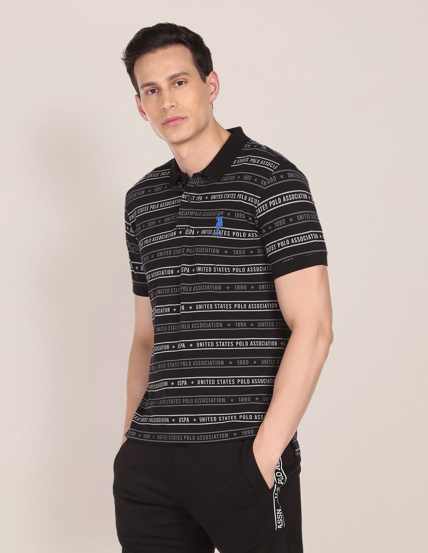 Ribbed Collar All Over Print Polo Shirt Black - U.S. Polo Assn. India | Large