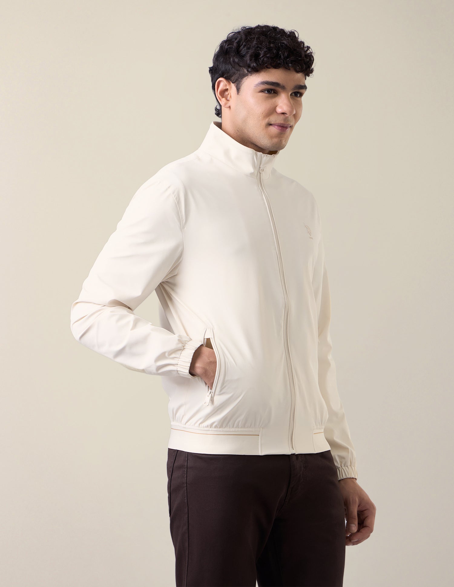 Solid Regular Fit Bomber Jacket Ecru - U.S. Polo Assn. India | Large