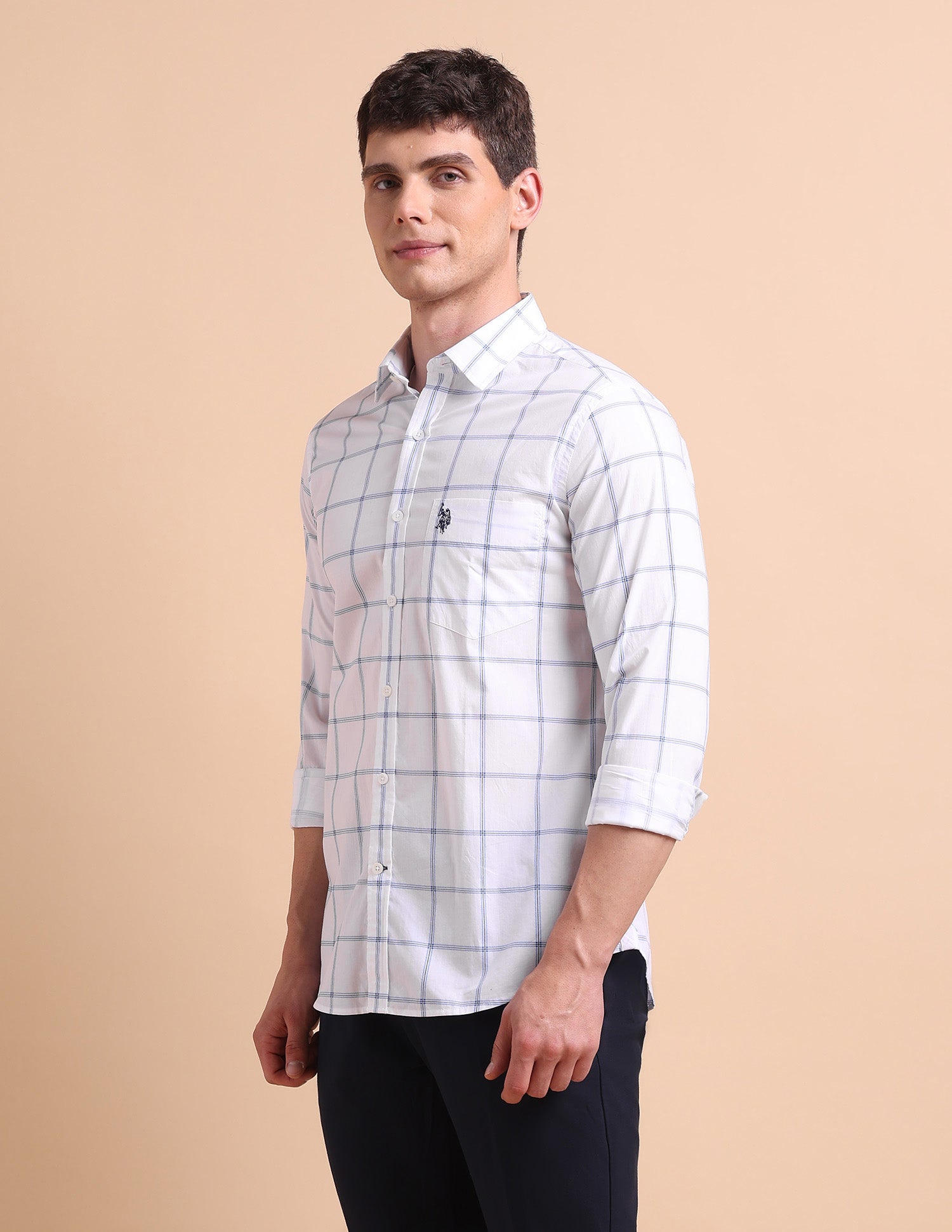 Tailored Fit Windowpane Checked Shirt White - U.S. Polo Assn. India | Large