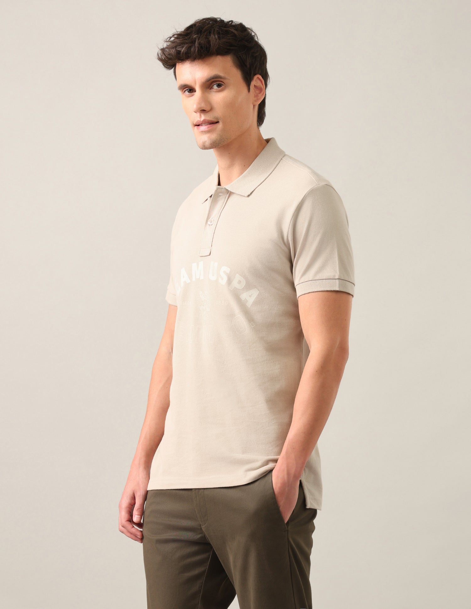 Typographic Brand Printed Slim Fit Polo Shirt Beige - U.S. Polo Assn. India | Large