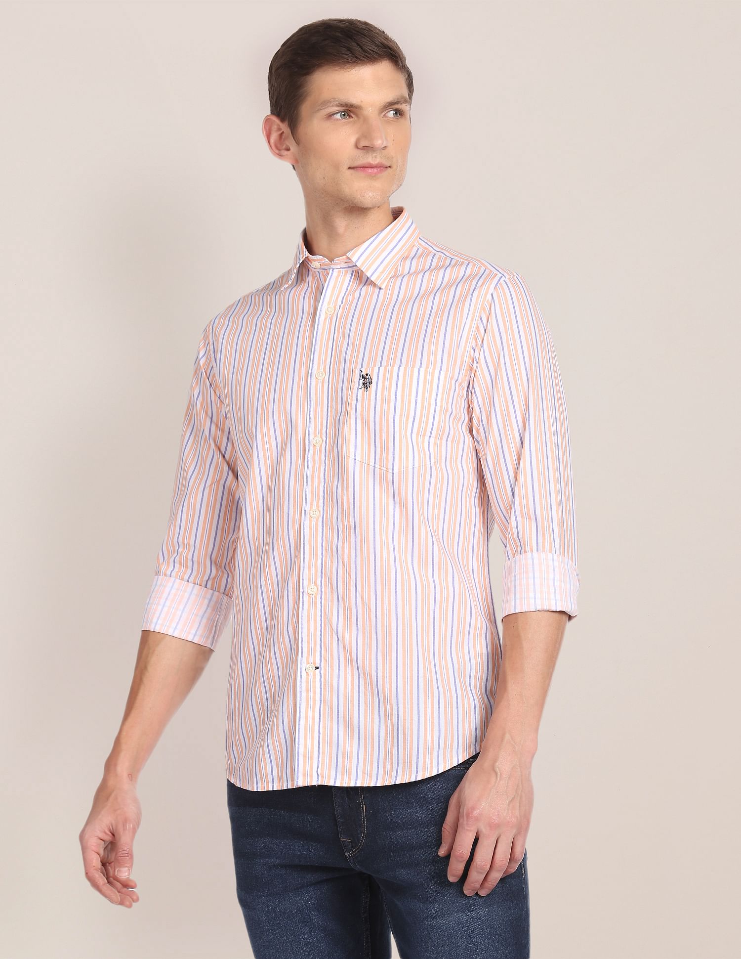Men Light Orange Rounded Cuff Striped Casual Shirt – U.S. Polo Assn. India