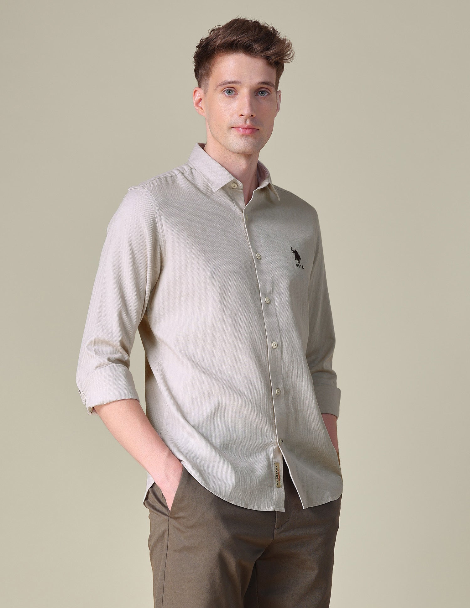 Dobby Regular Fit Shirt Ivory - U.S. POLO ASSN. | Large