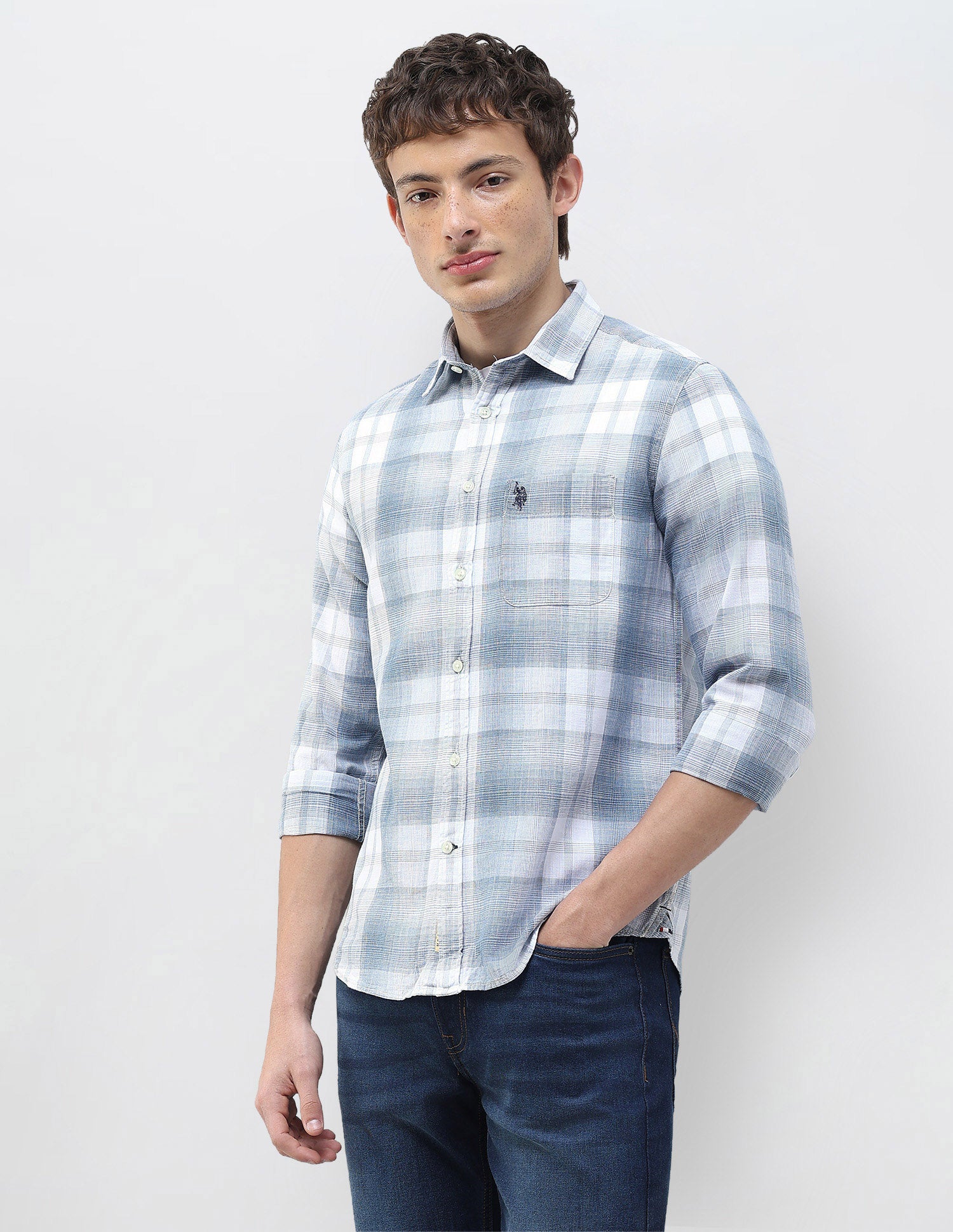 Plaid Checked Regular Fit Shirt Light Indigo - U.S. Polo Assn. India | Large
