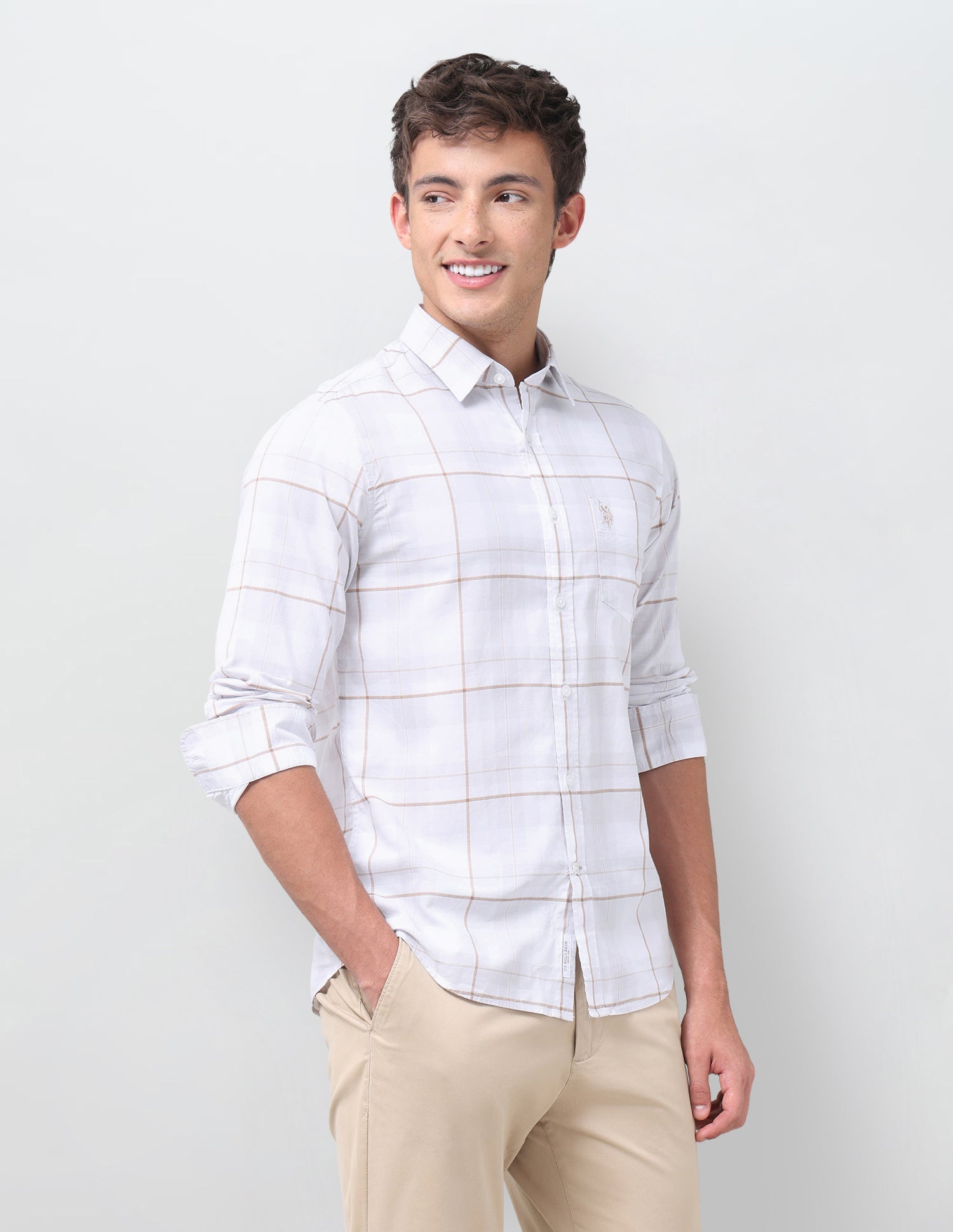 Windowpane Checked Regular Fit Shirt Light Khaki - U.S. Polo Assn. India | Large