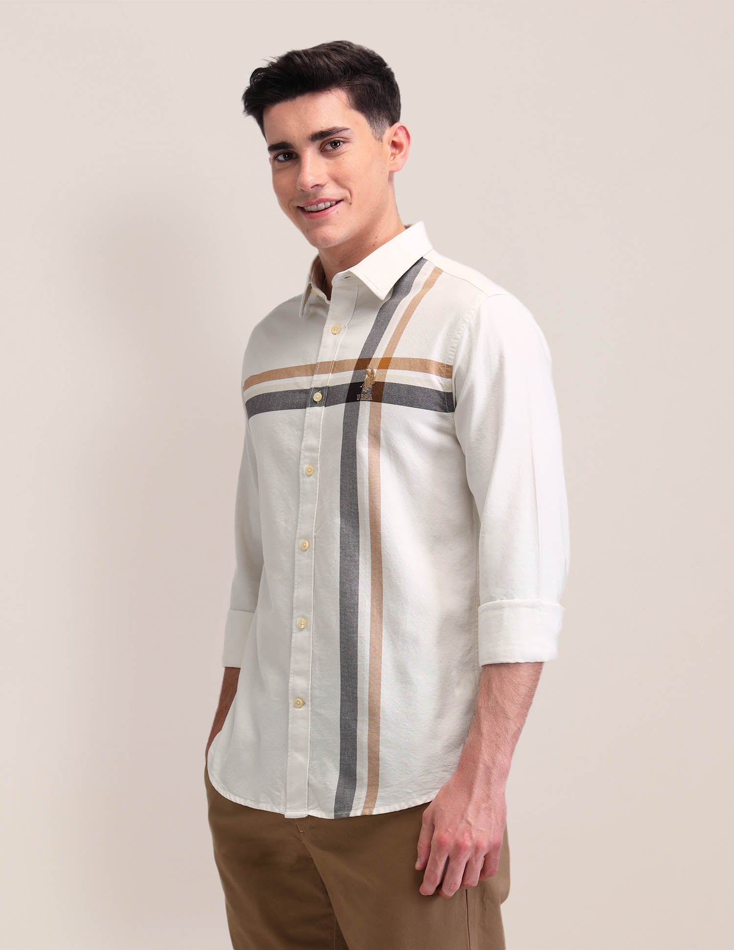 Vertical Striped Tailored Fit Shirt Off White - U.S. Polo Assn. India | Large