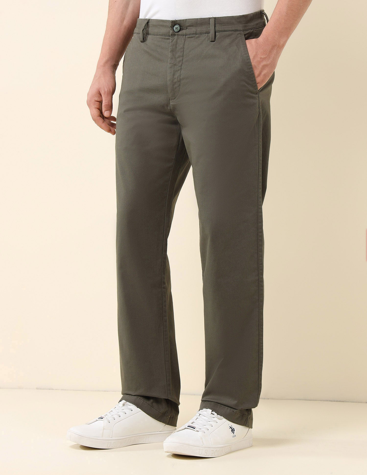 Solid Riley Fit Straight Fit Trousers Olive - U.S. Polo Assn. India | Large