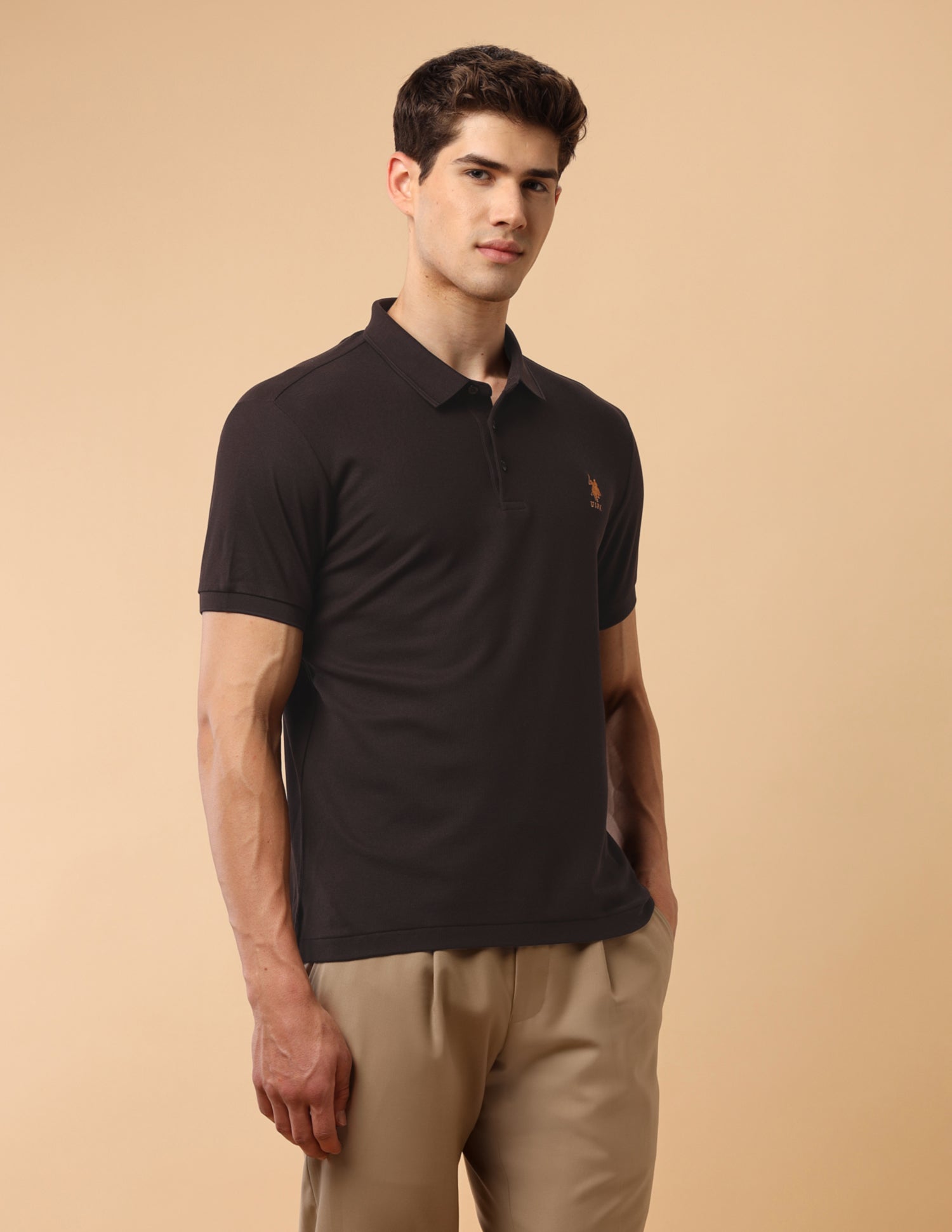 Solid Slim Fit Polo Shirt Dark Brown - U.S. Polo Assn. India | Large