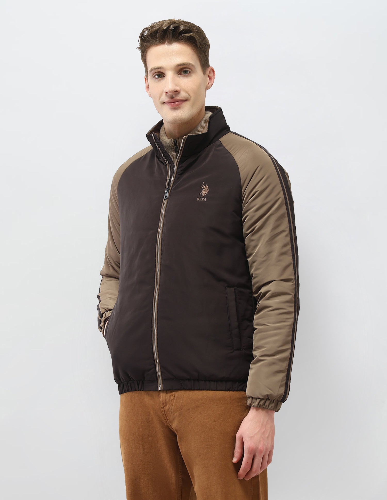Colour Blocked Regular Fit Puffer Jacket Brown - U.S. Polo Assn. India | Large