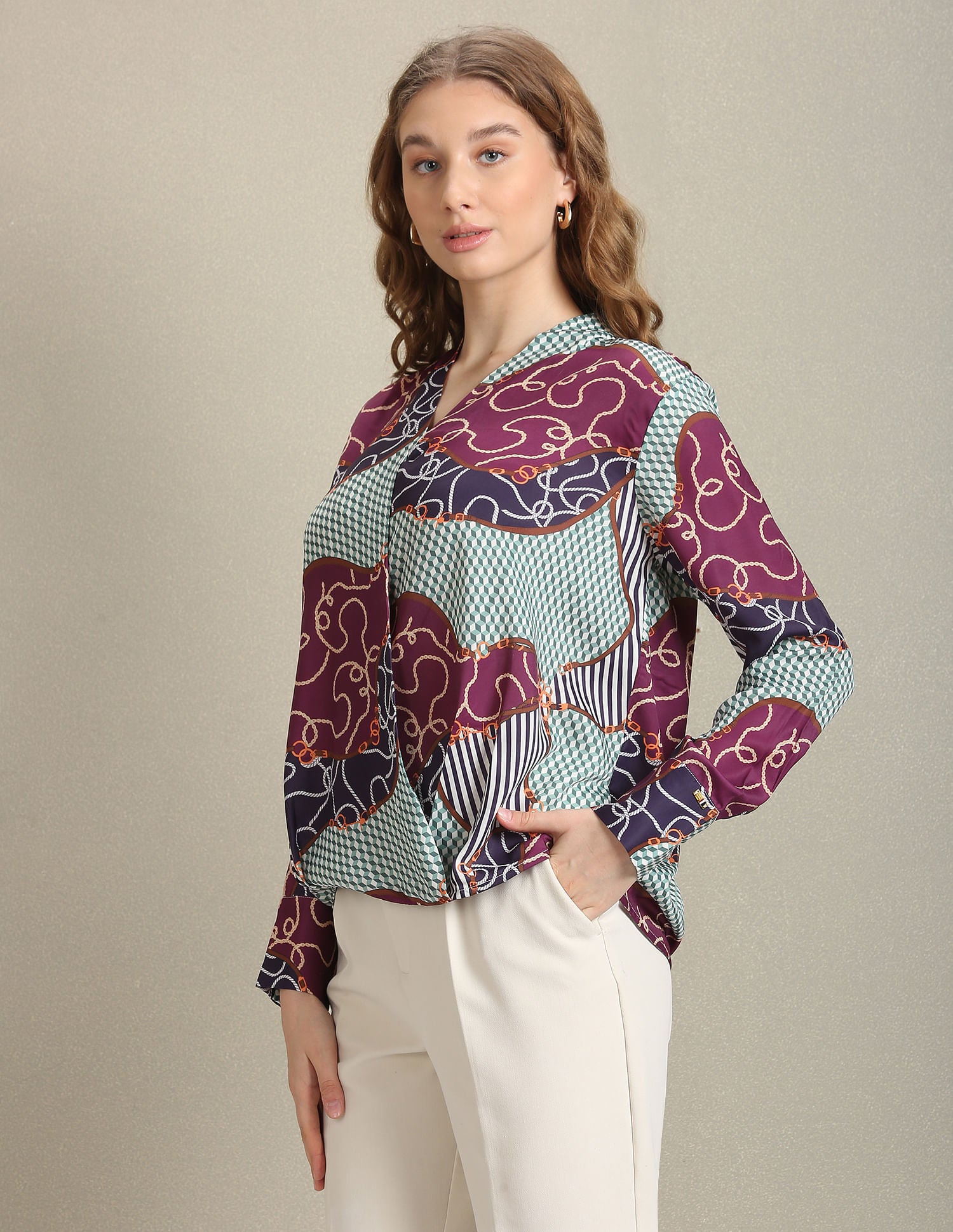 Surplice Neck Graphic Print Top Green, Purple and Navy - U.S. Polo Assn. India | Large