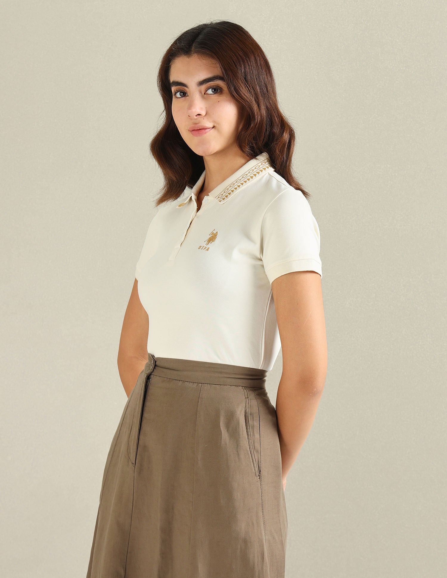 Geometric Detail Pique Polo Shirt Ecru - U.S. POLO ASSN. | Large