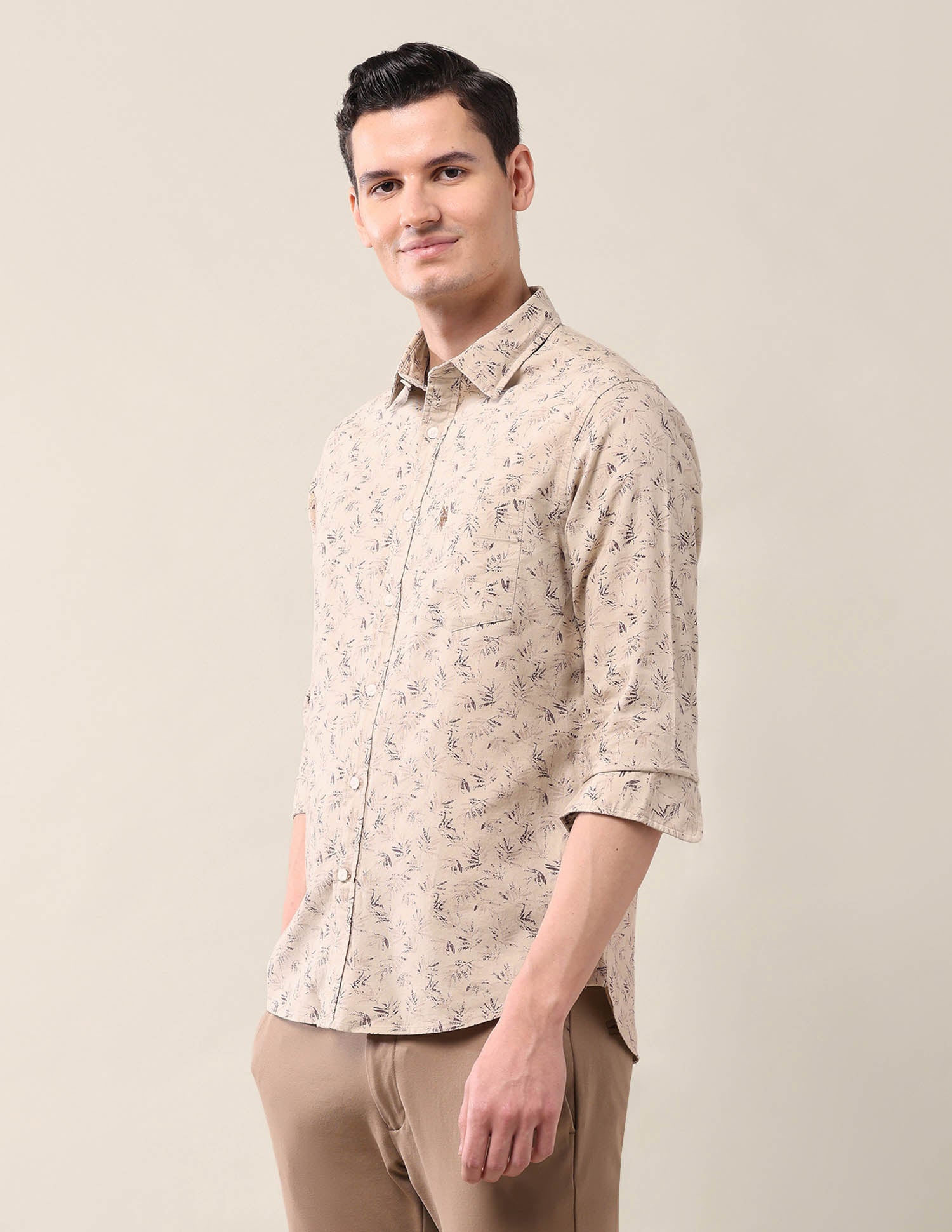 Tailored Fit All-Over Printed Shirt Beige - U.S. Polo Assn. India | Large