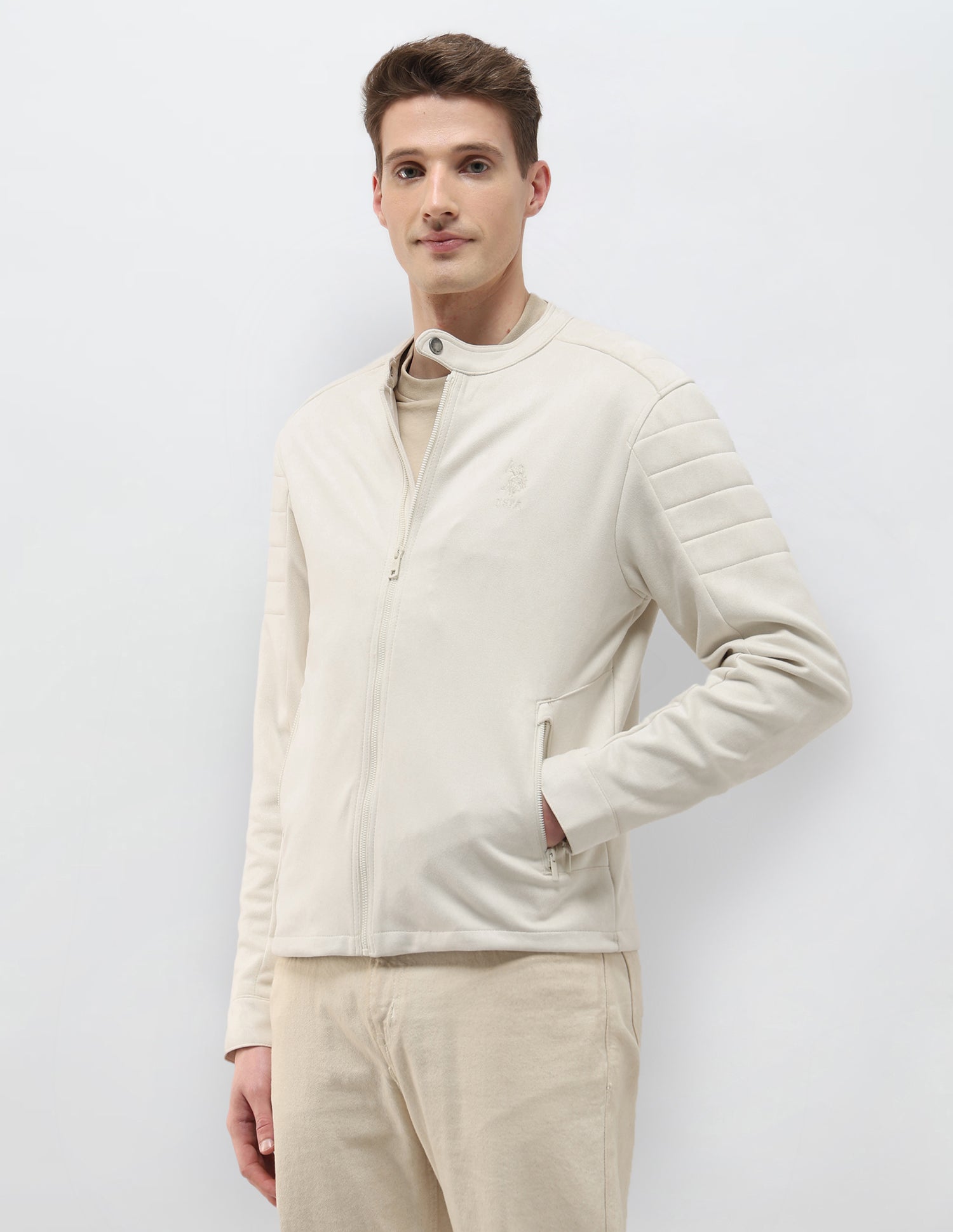 Solid Regular Fit Biker Jacket Ivory - U.S. Polo Assn. India | Large