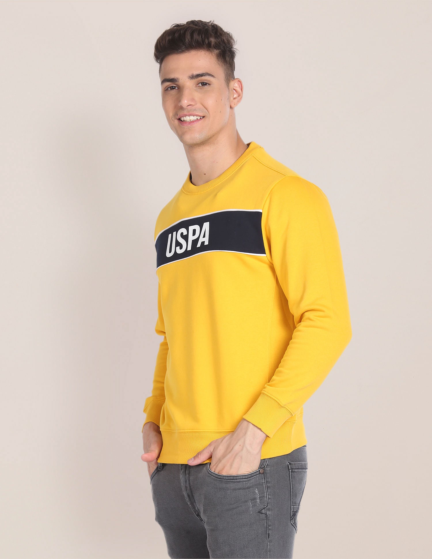 Crew Neck Brand Print Sweatshirt Yellow - U.S. POLO ASSN. | Large