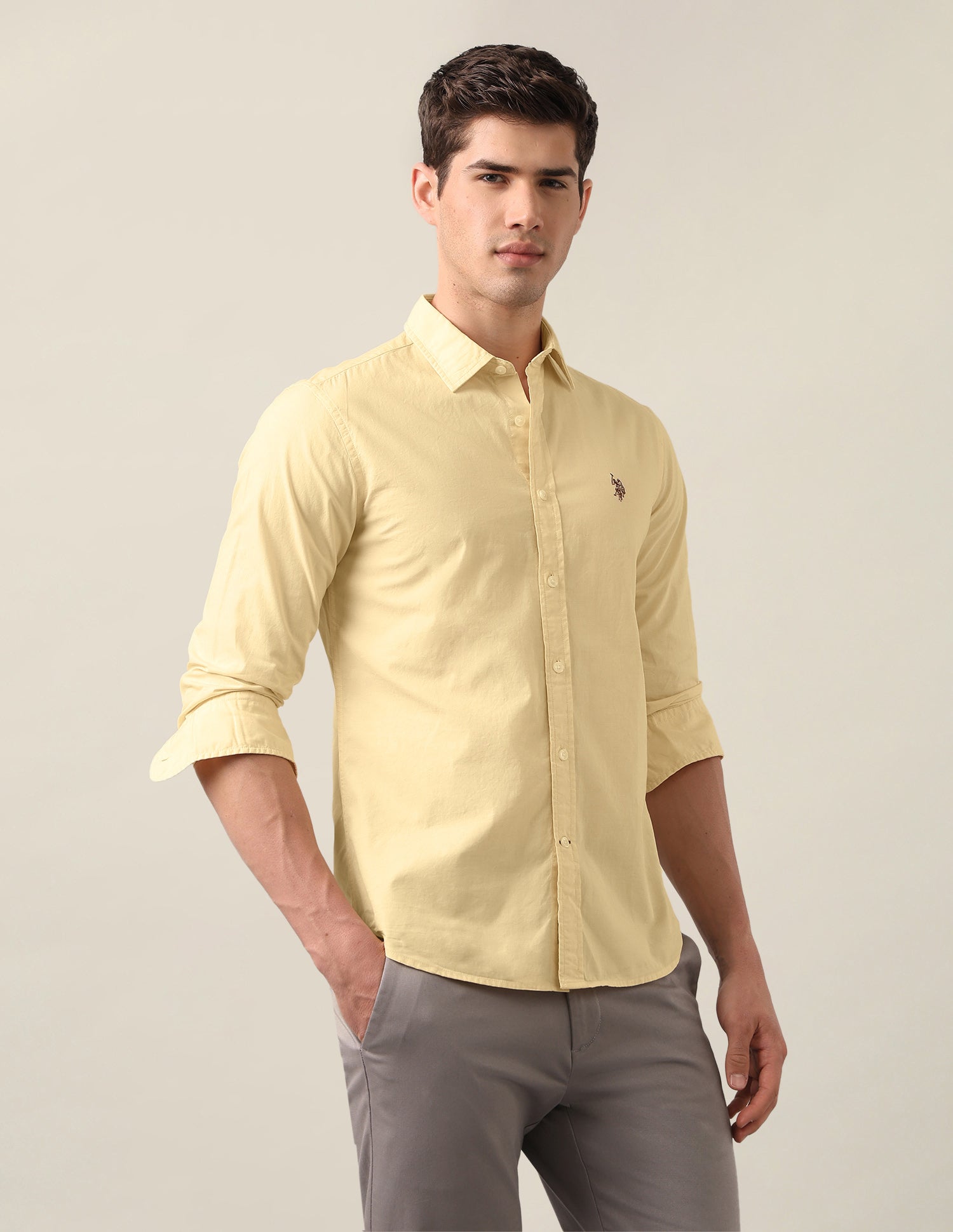 Tailored Fit Solid Shirt Light Yellow - U.S. Polo Assn. India | Large