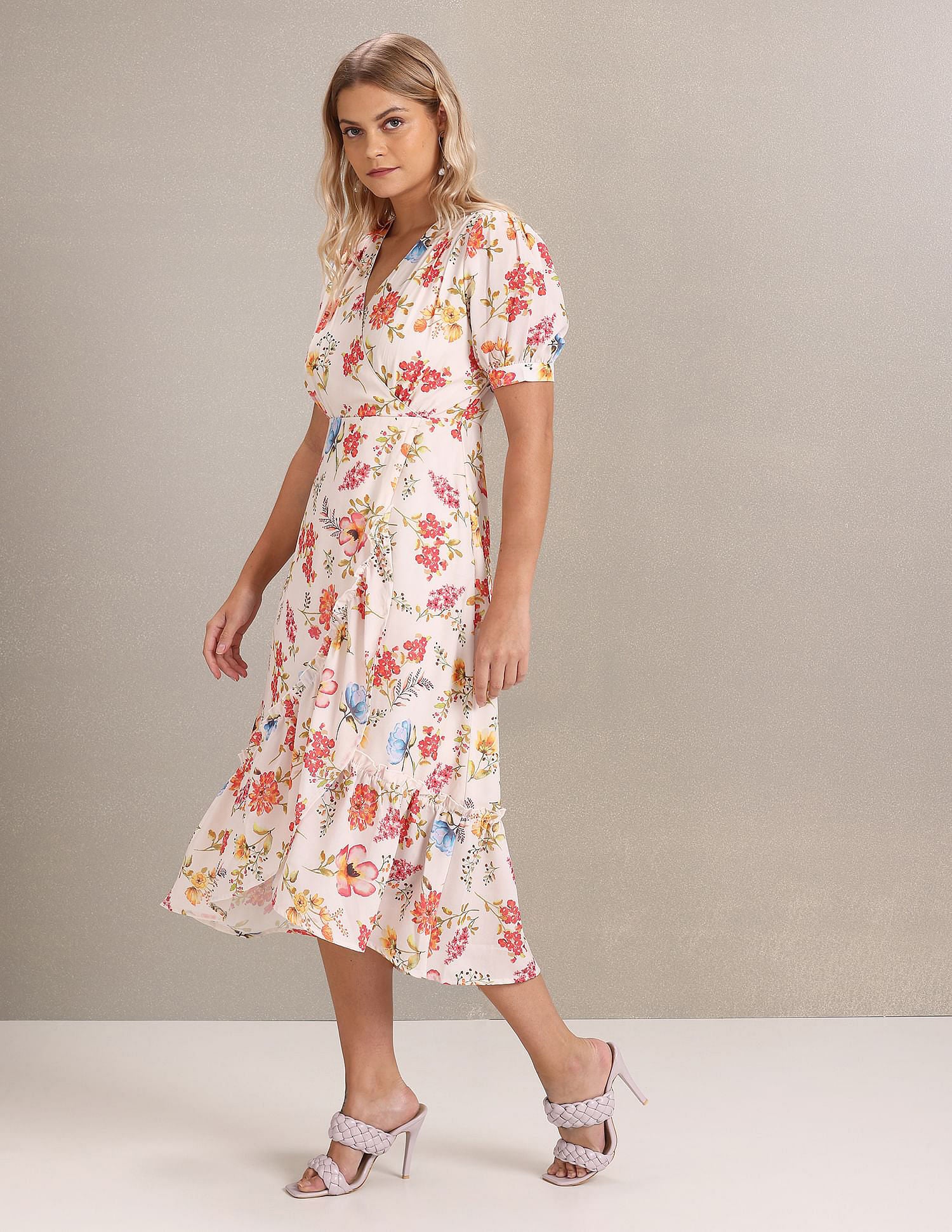 V-Neck Floral Print Fit And Flare Dress White and Pink - U.S. POLO ASSN. | Large