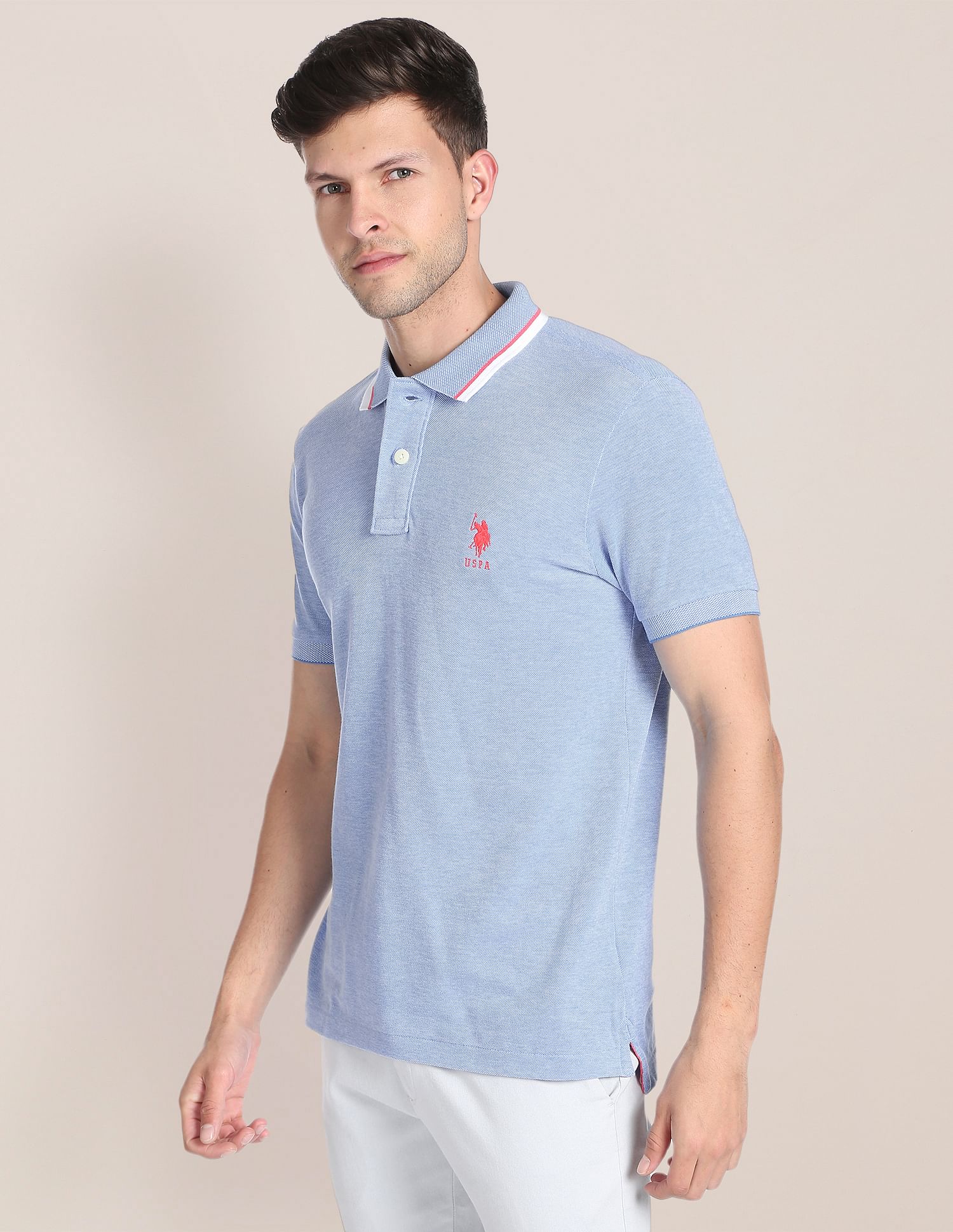 Striped Collar Birdseye Polo Shirt Light Blue - U.S. Polo Assn. India | Large