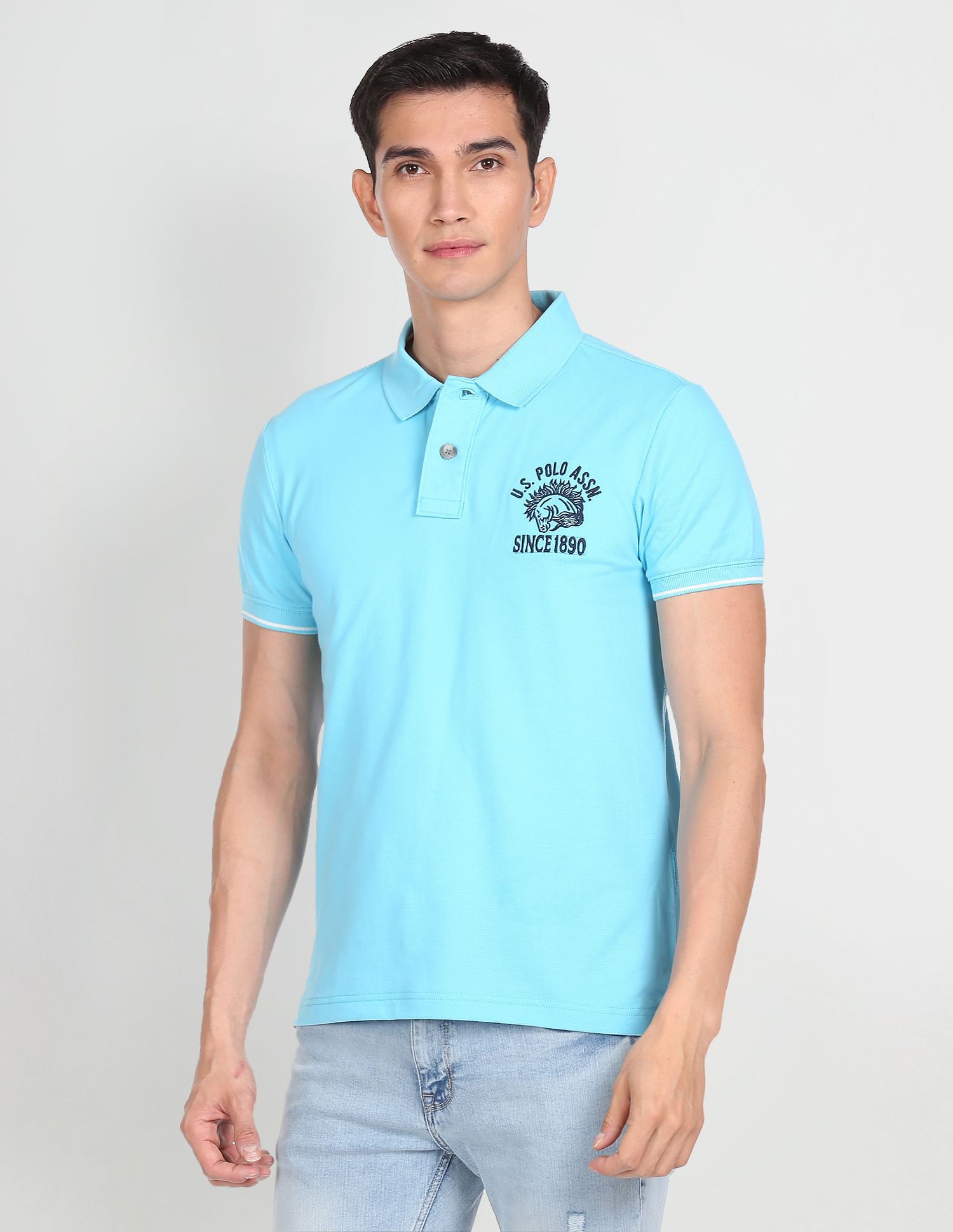 Men Ribbed Collar Logo Polo Shirt Blue - U.S. POLO ASSN. | Large