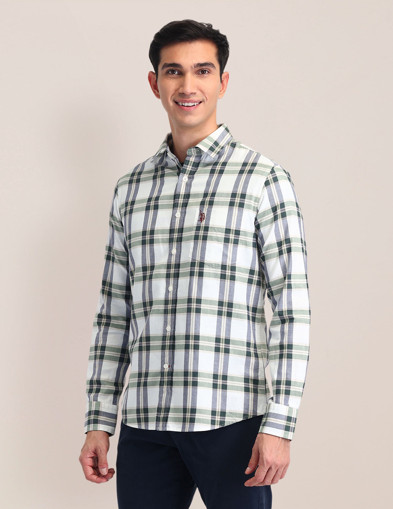 Tailored Fit Dobby Checked Shirt Ivory - U.S. POLO ASSN. | Large