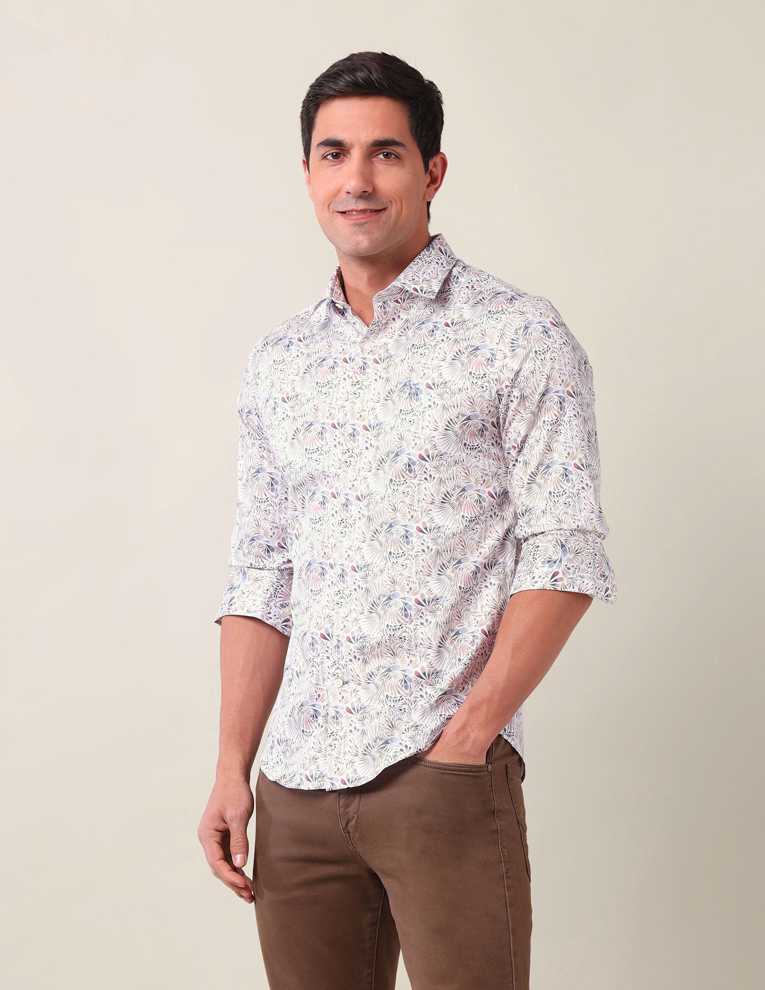 Geometric Tailored Fit Shirt Off White - U.S. Polo Assn. India | Large