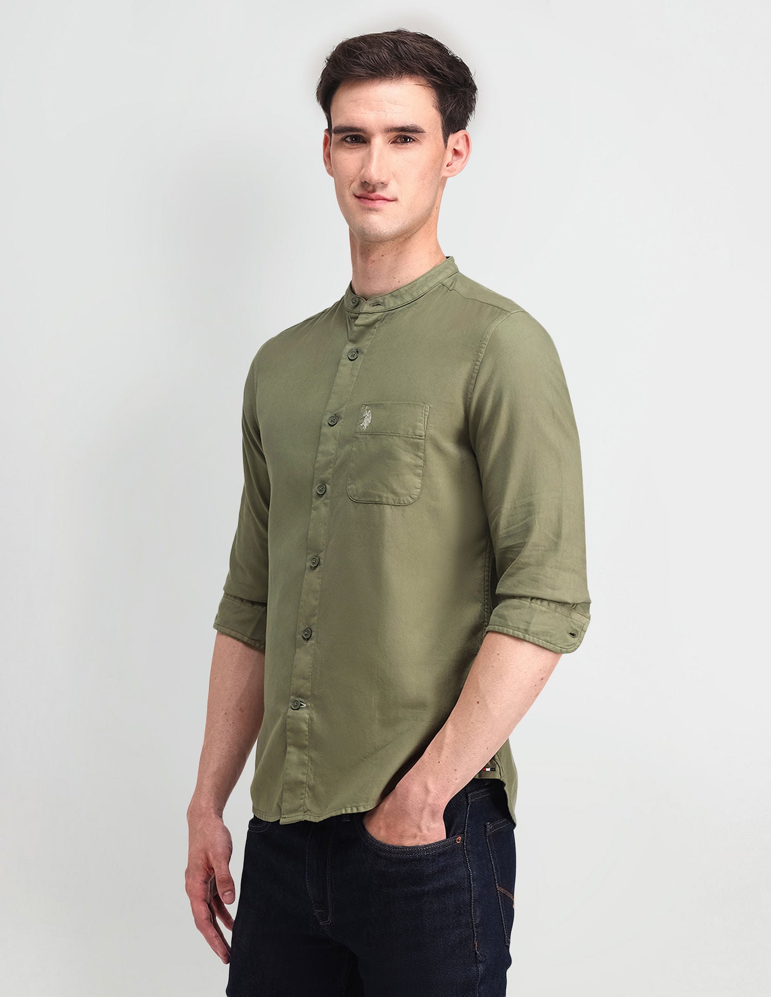 Mandarin Collar Slim Fit Shirt Green - U.S. Polo Assn. India | Large