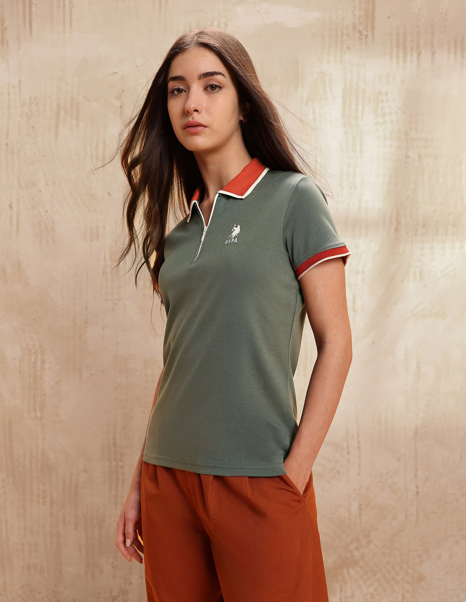 Polo Collar Cotton Tshirt With Zip Dk-olive - U.S. POLO ASSN. | Large