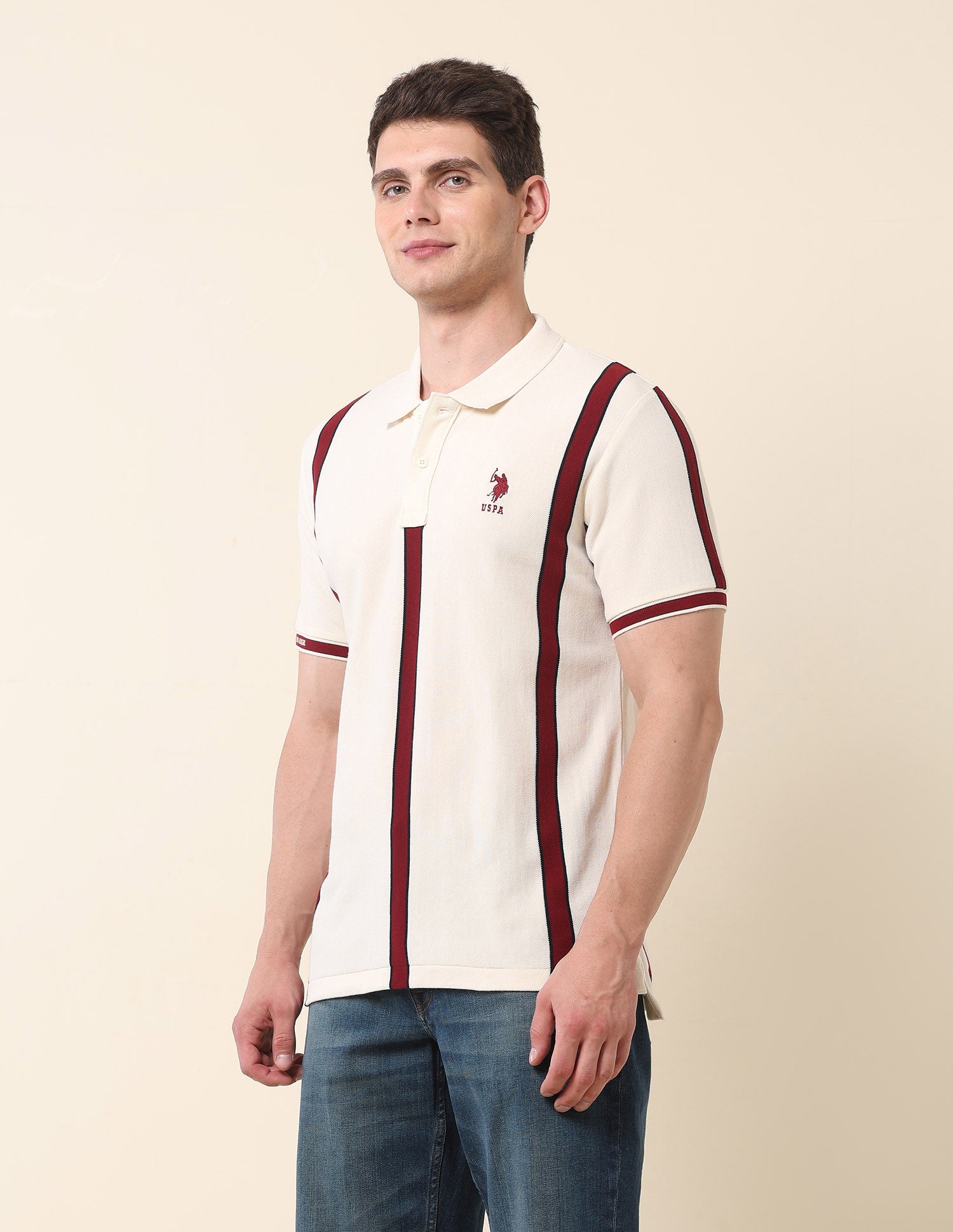 Vertical Striped Gold Cup Polo Shirt Off White - U.S. Polo Assn. India | Large