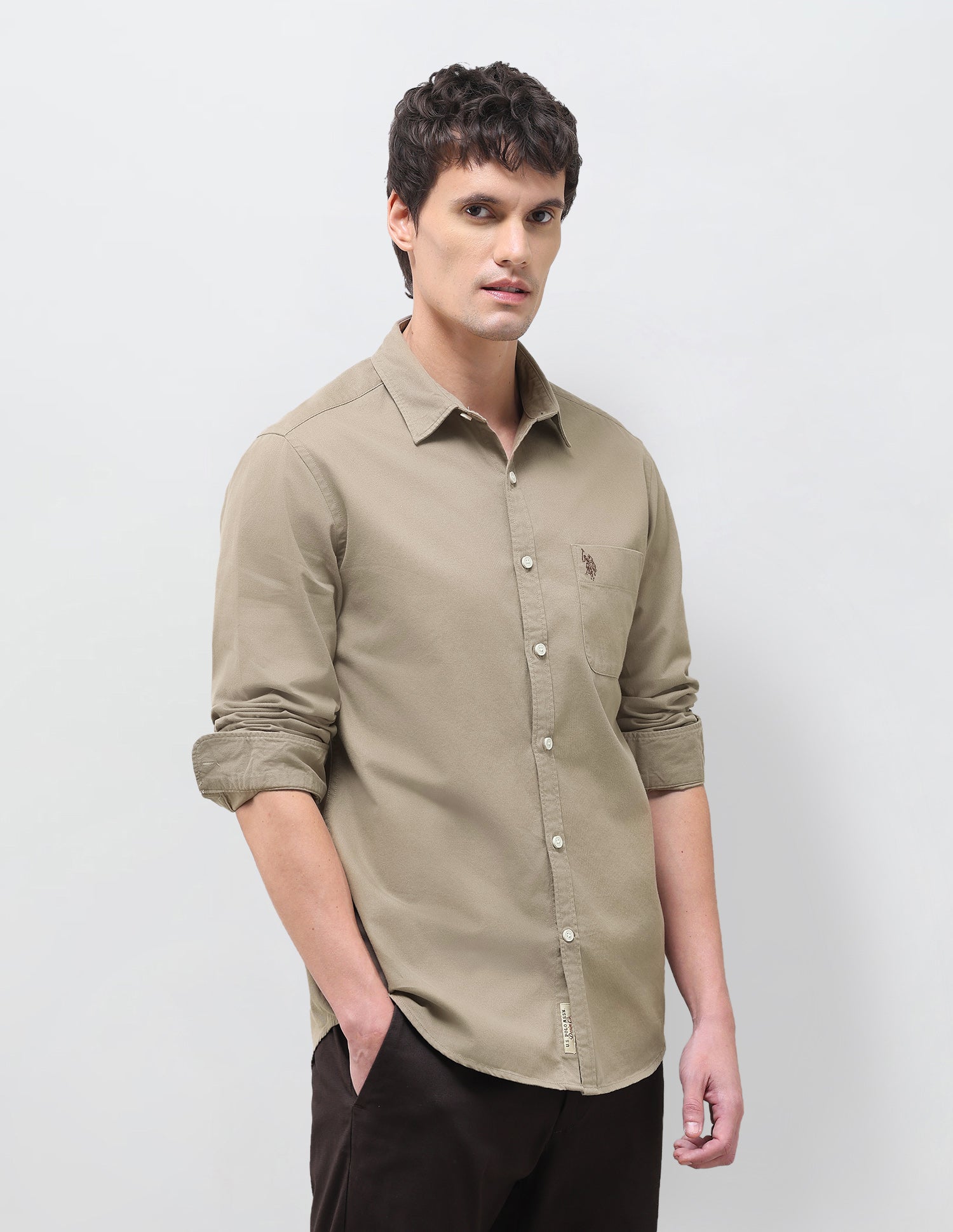 Solid Regular Fit Shirt Khaki - U.S. Polo Assn. India | Large