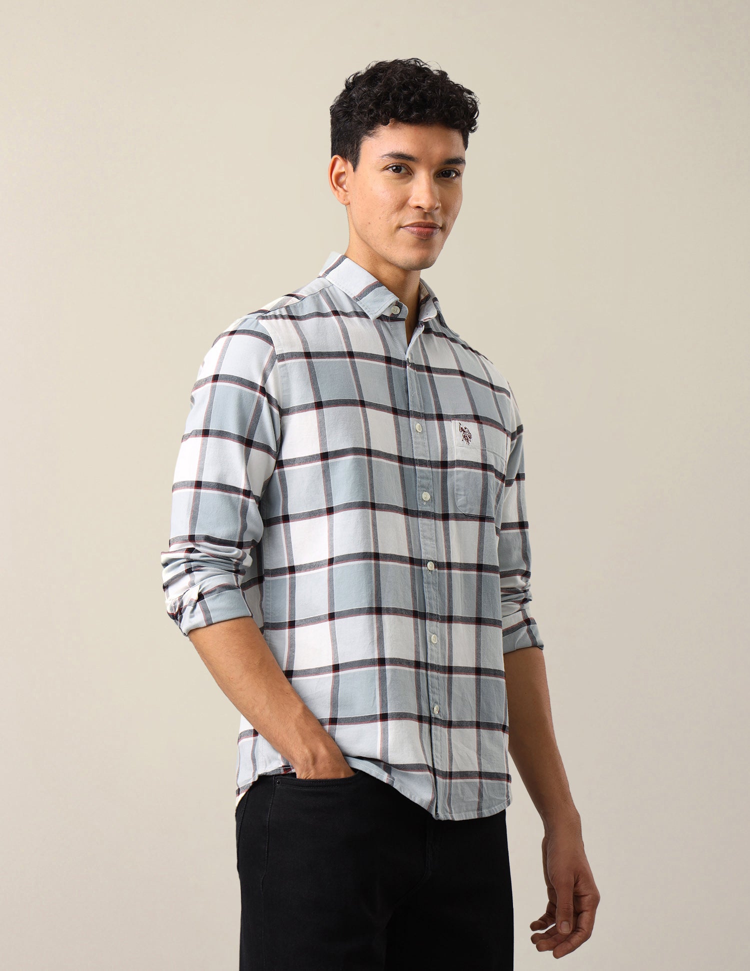 Twill Windowpane Checked Shirt Grey - U.S. Polo Assn. India | Large