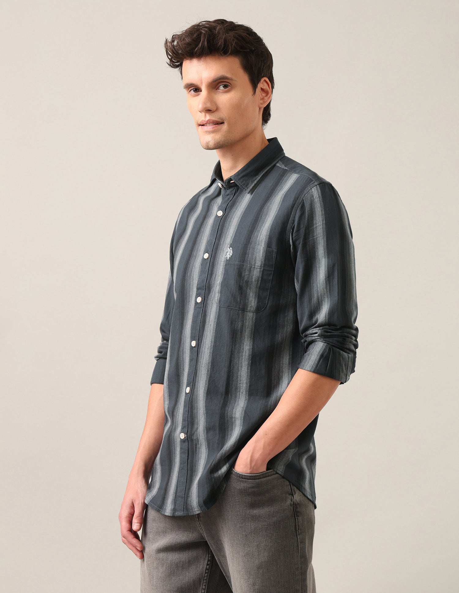 Vertical Striped Twill Shirt Grey - U.S. Polo Assn. India | Large
