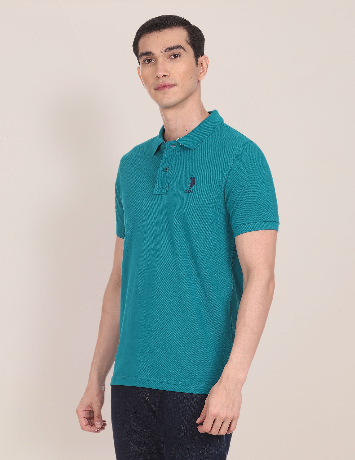 Ribbed Collar Solid Polo Shirt Teal - U.S. POLO ASSN. | Large