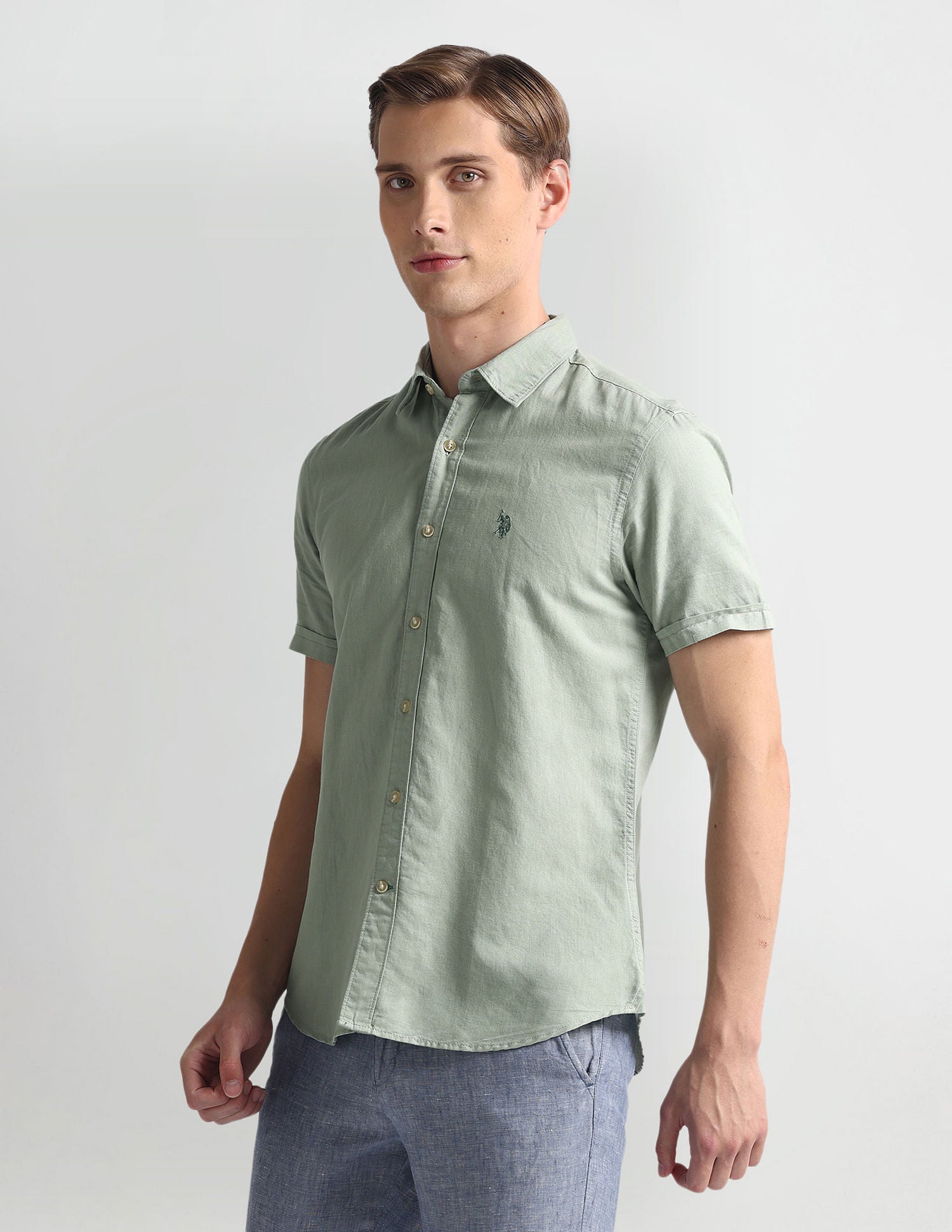 Slim Fit Short Sleeve Shirt Light Green - U.S. Polo Assn. India | Large
