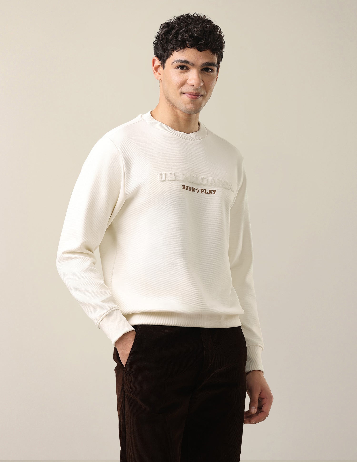 Brand Embossed Slim Fit Sweatshirt Off White - U.S. Polo Assn. India | Large