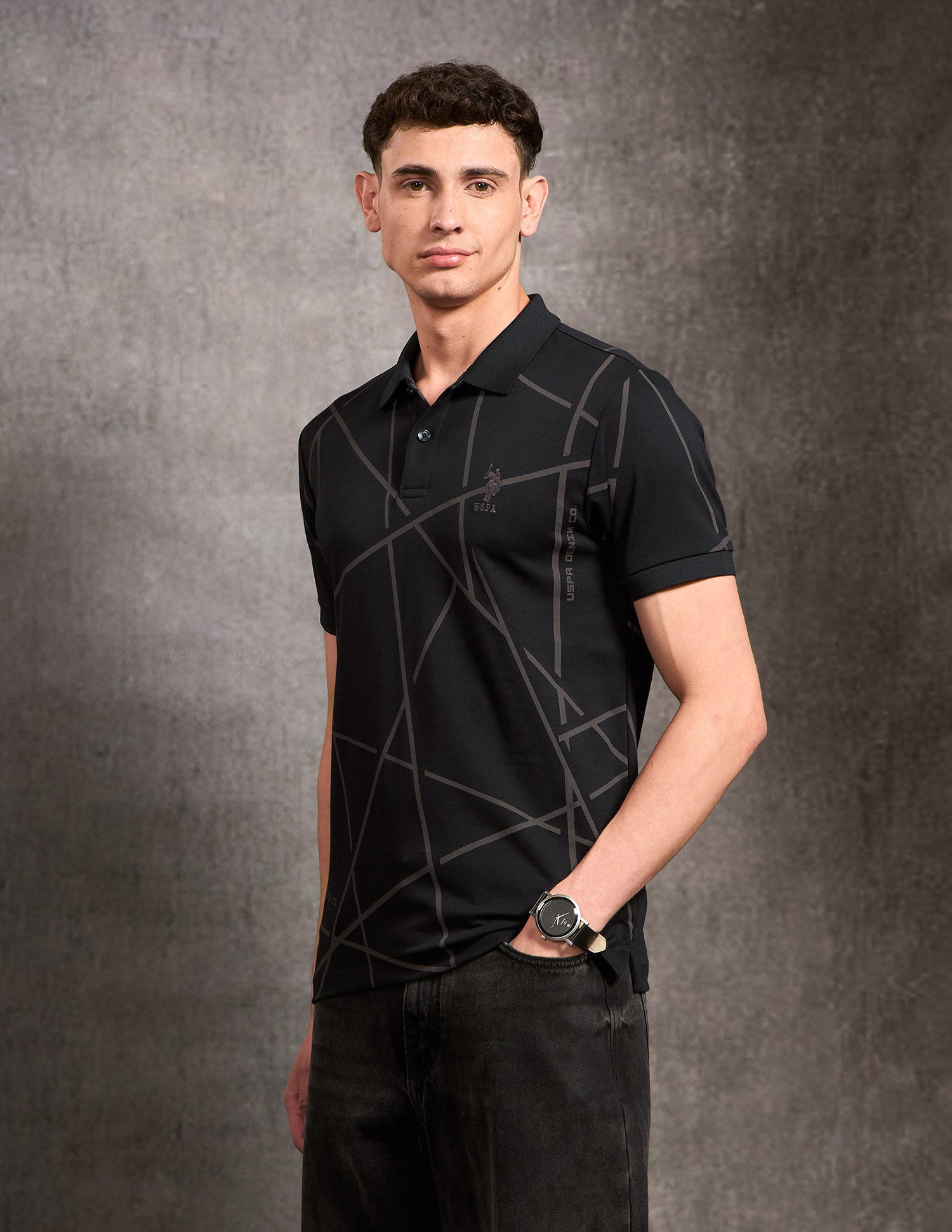 Geometric Printed Black & Gold Polo Shirt Black - U.S. Polo Assn. India | Large