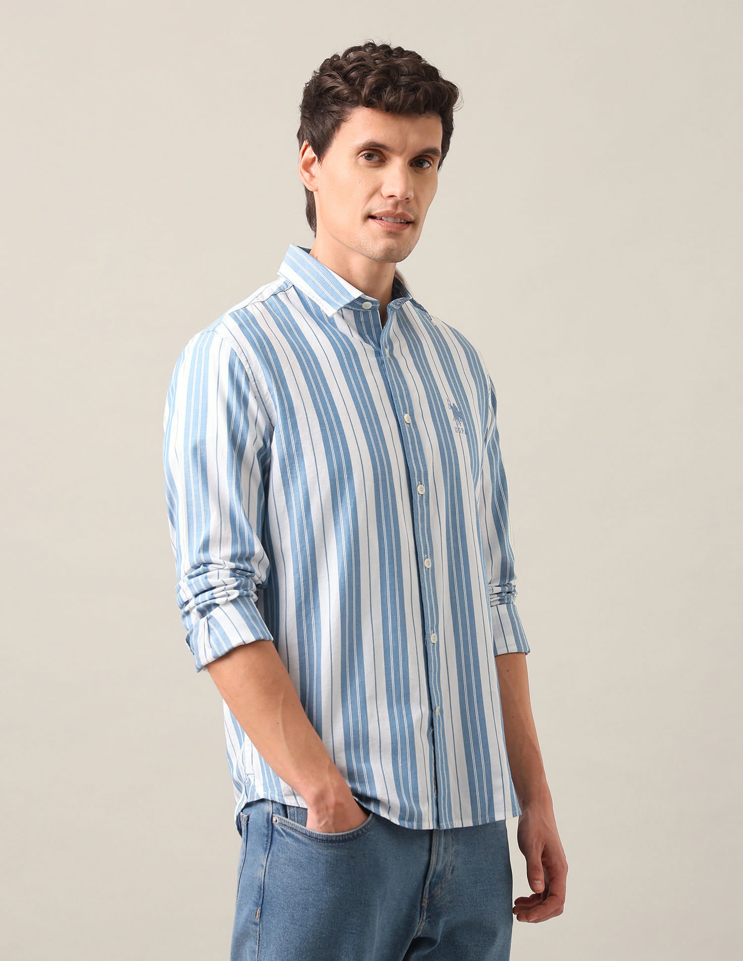 Vertical Striped Twill Shirt Blue - U.S. Polo Assn. India | Large