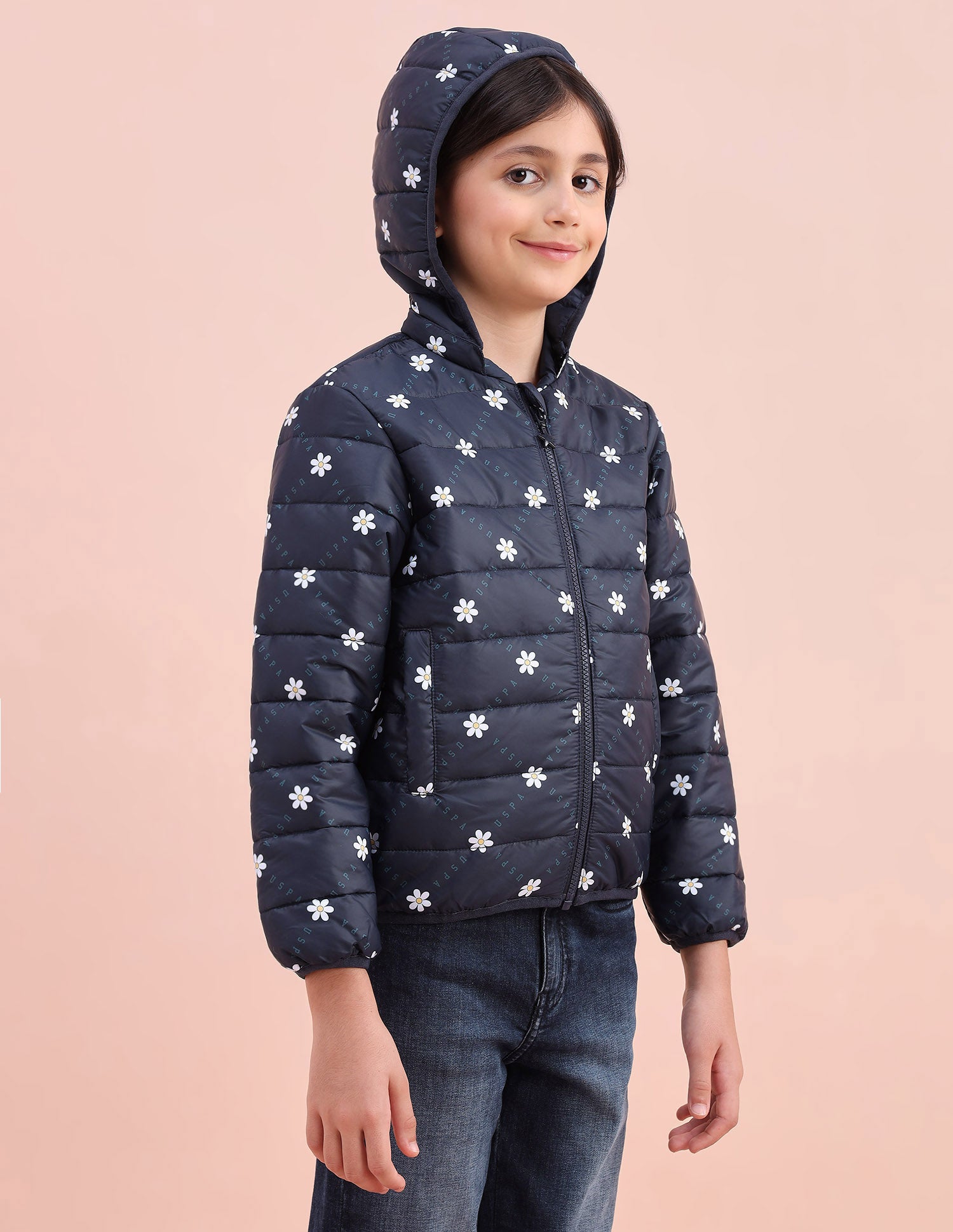 Floral Logo Printed Puffer Jacket Navy - U.S. POLO ASSN. | Large