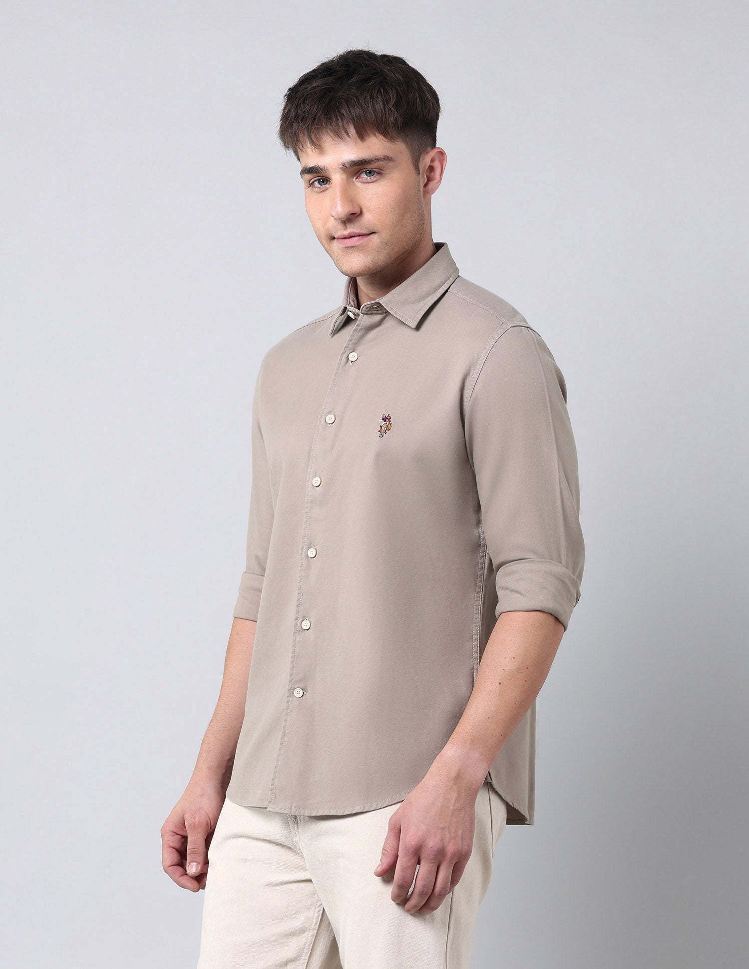 Solid Pure Cotton Twill Shirt Khaki - U.S. Polo Assn. India | Large