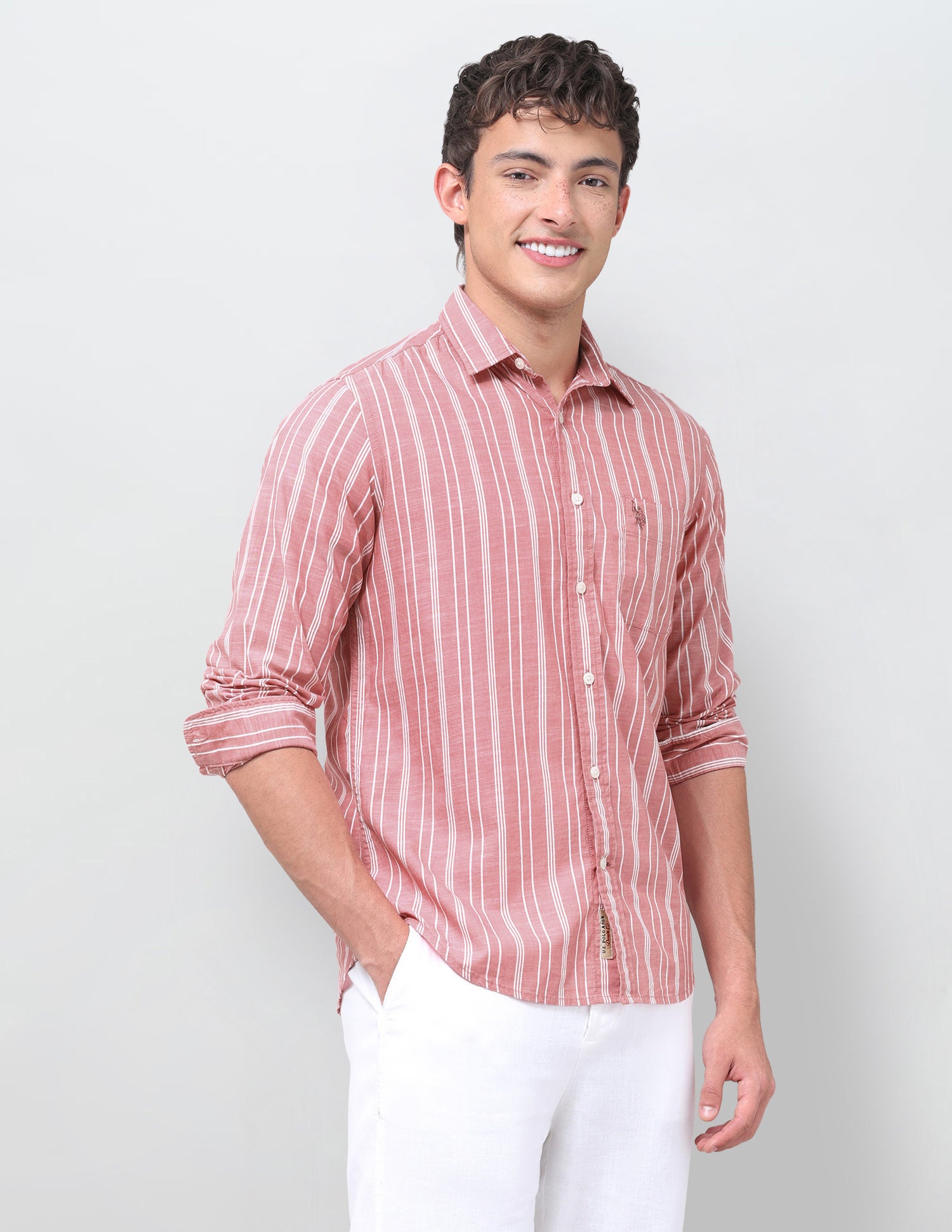 Vertical Striped Regular Fit Shirt Coral - U.S. Polo Assn. India | Large