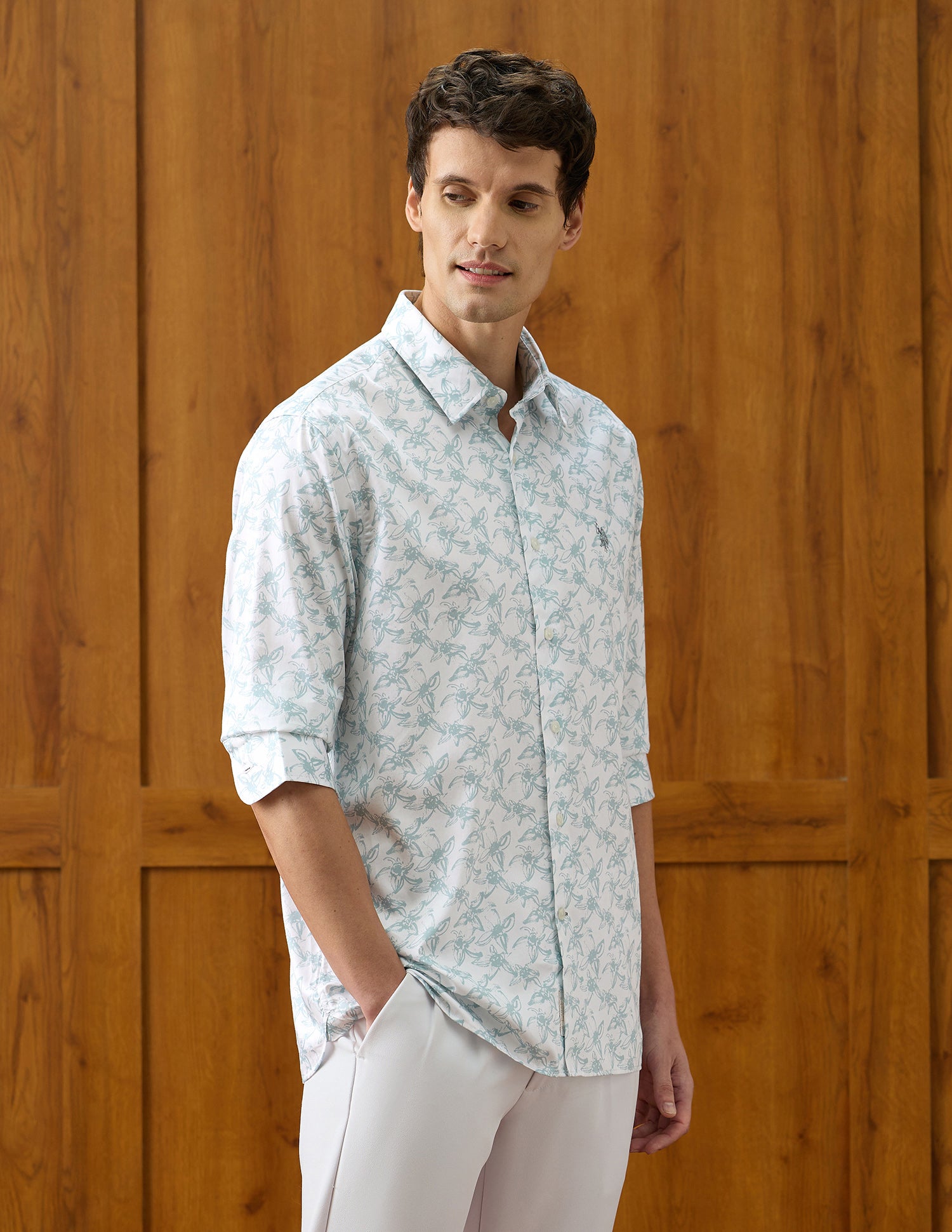 Floral Printed Regular Fit Shirt Medium Green - U.S. Polo Assn. India | Large