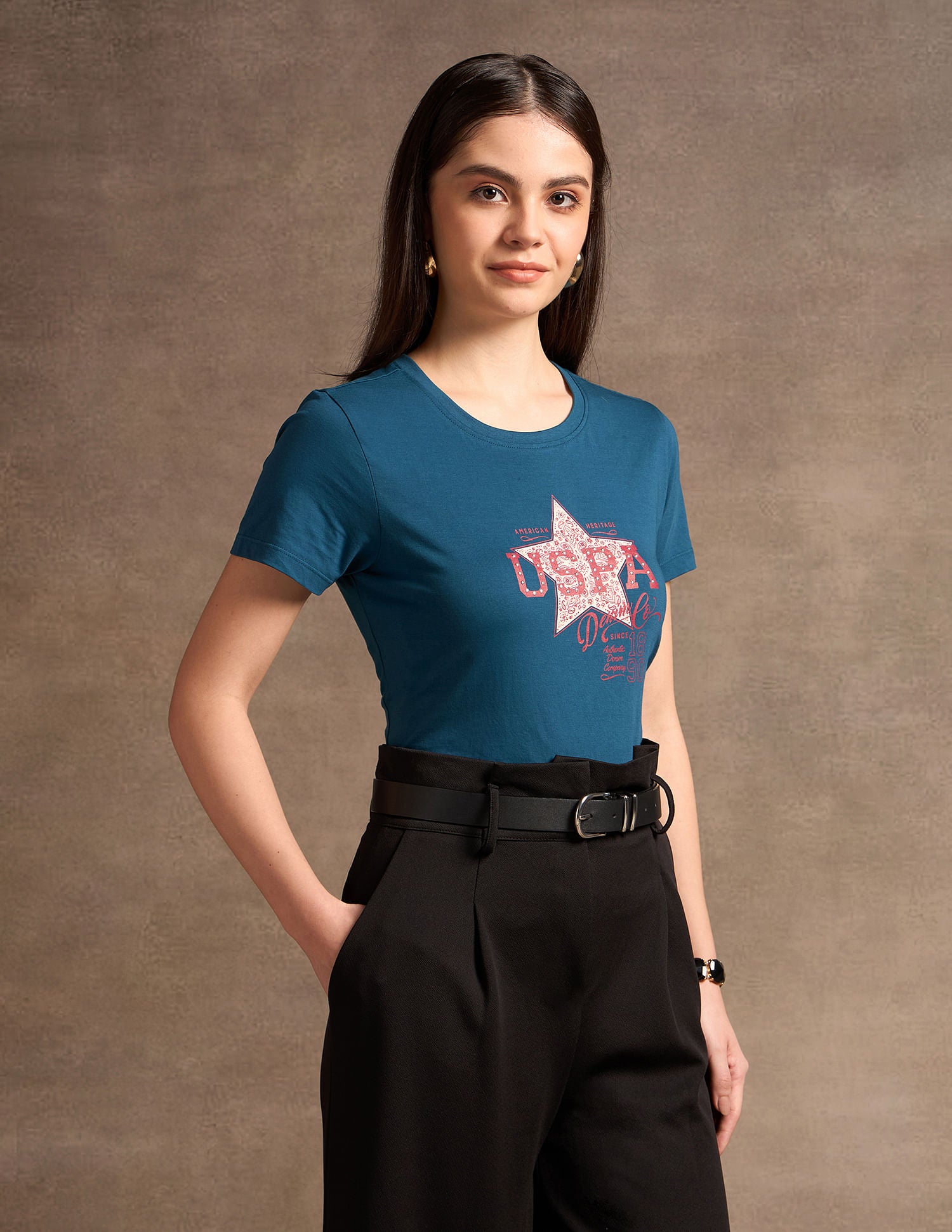 Stud Embellishment Cotton T-Shirt Teal - U.S. POLO ASSN. | Large