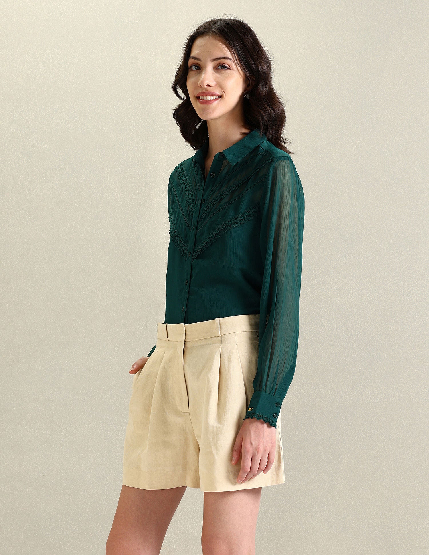 Lace Detail Chiffon Shirt Green - U.S. POLO ASSN. | Large