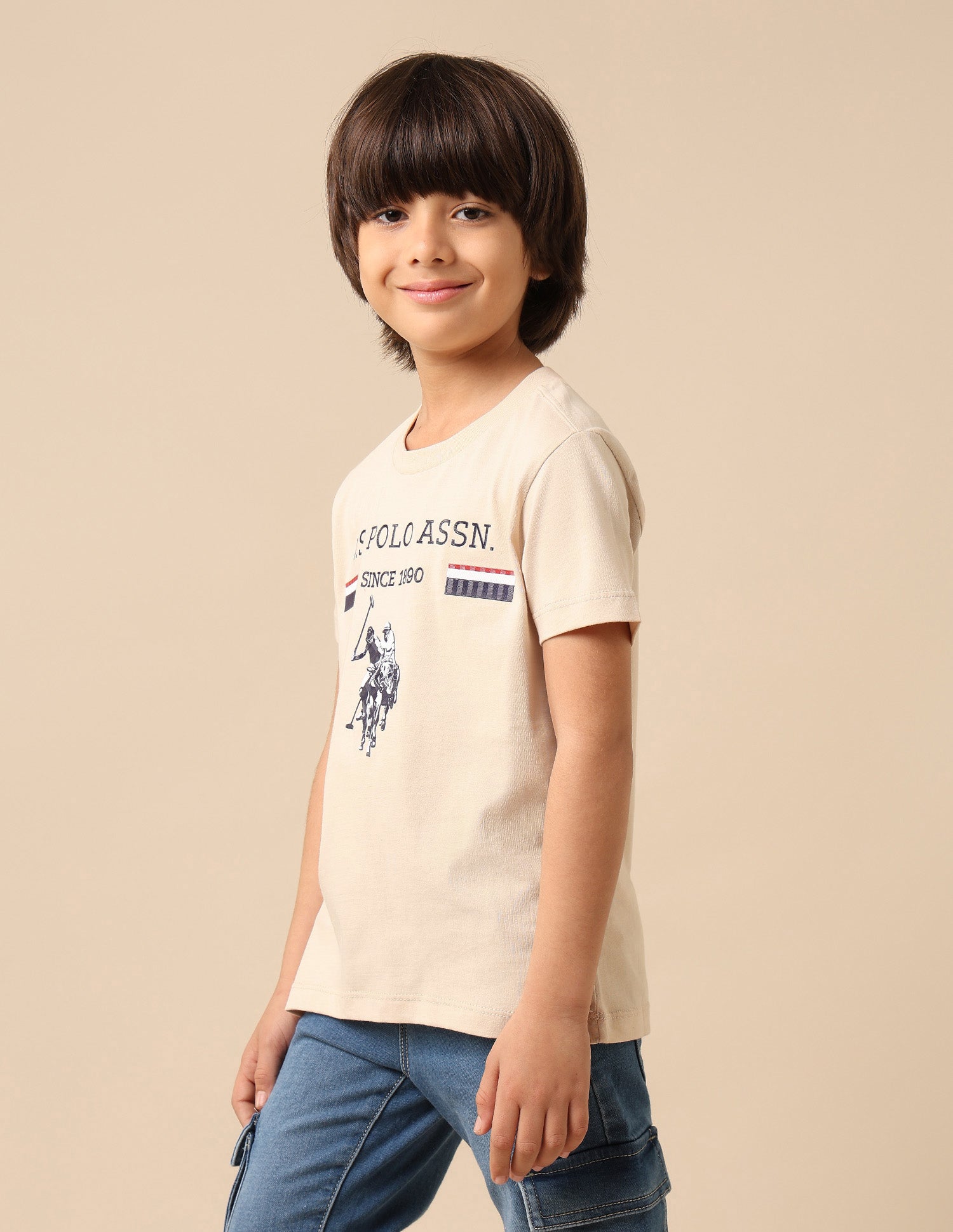 Boys Brand Embossed Pure Cotton T Shirt Beige - U.S. POLO ASSN. | Large