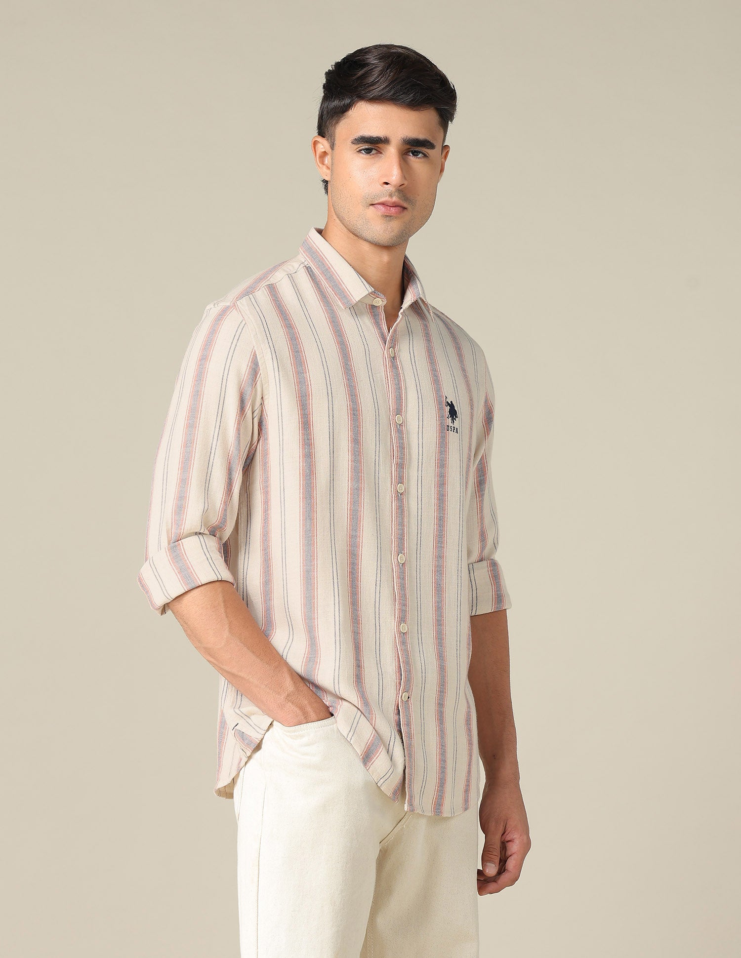 Regular Fit Vertical Striped Shirt Ivory - U.S. POLO ASSN. | Large