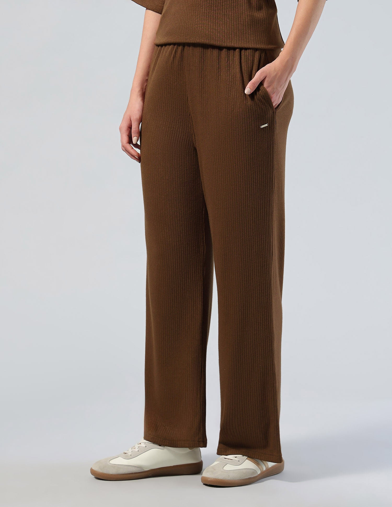 Ribbed Wide Leg Fit Lounge Trousers Brown - U.S. POLO ASSN. | Large