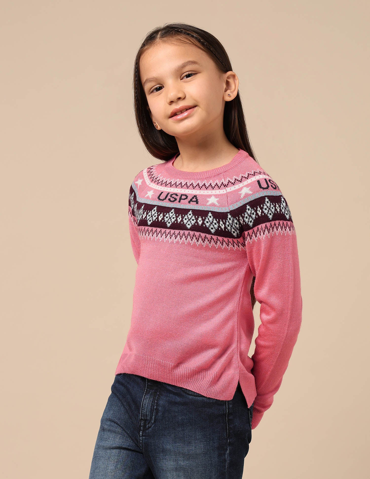 Girls Geometric Patterned Knit Sweater Pink - U.S. POLO ASSN. | Large