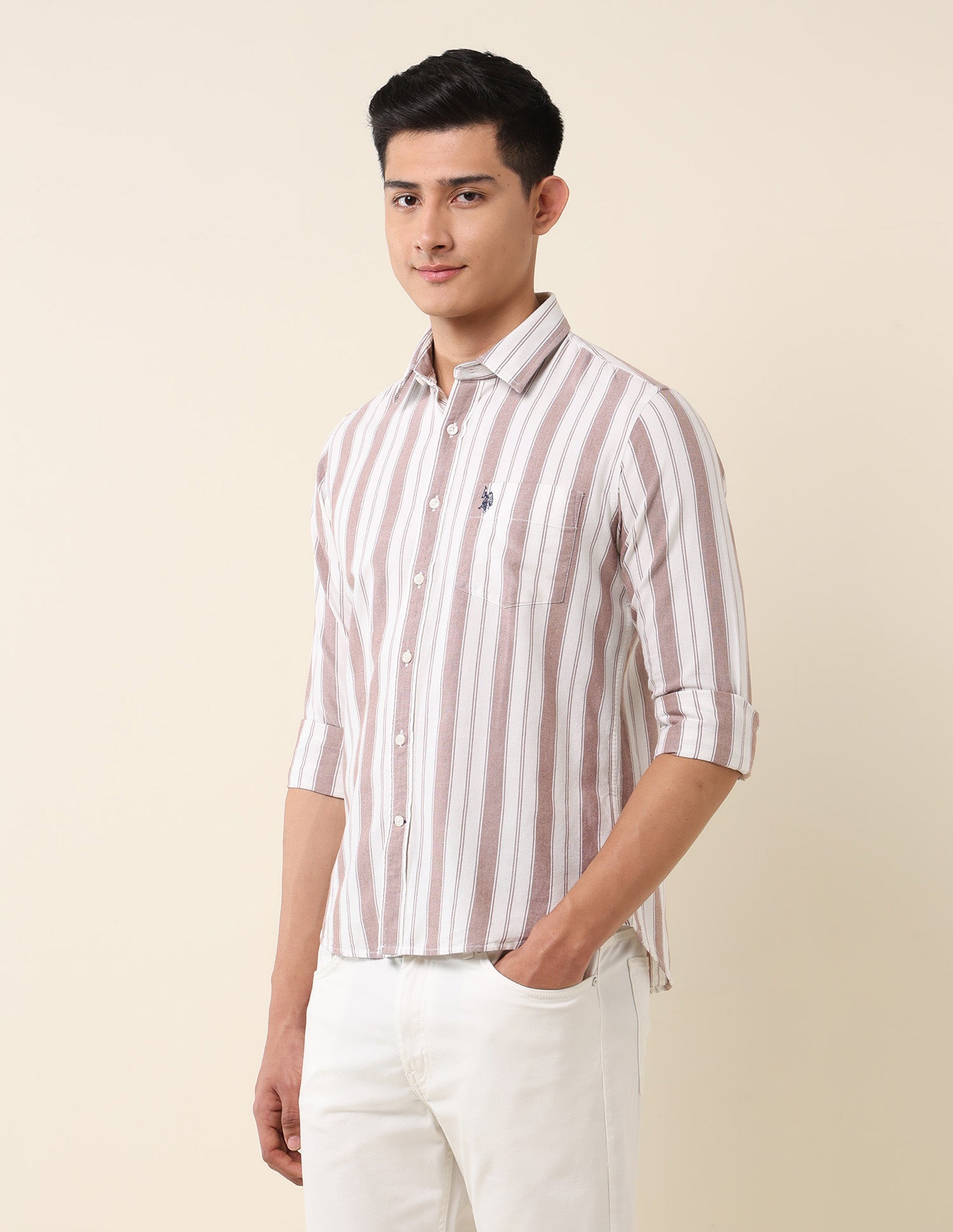 Vertical Striped Pure Cotton Shirt Brown - U.S. Polo Assn. India | Large